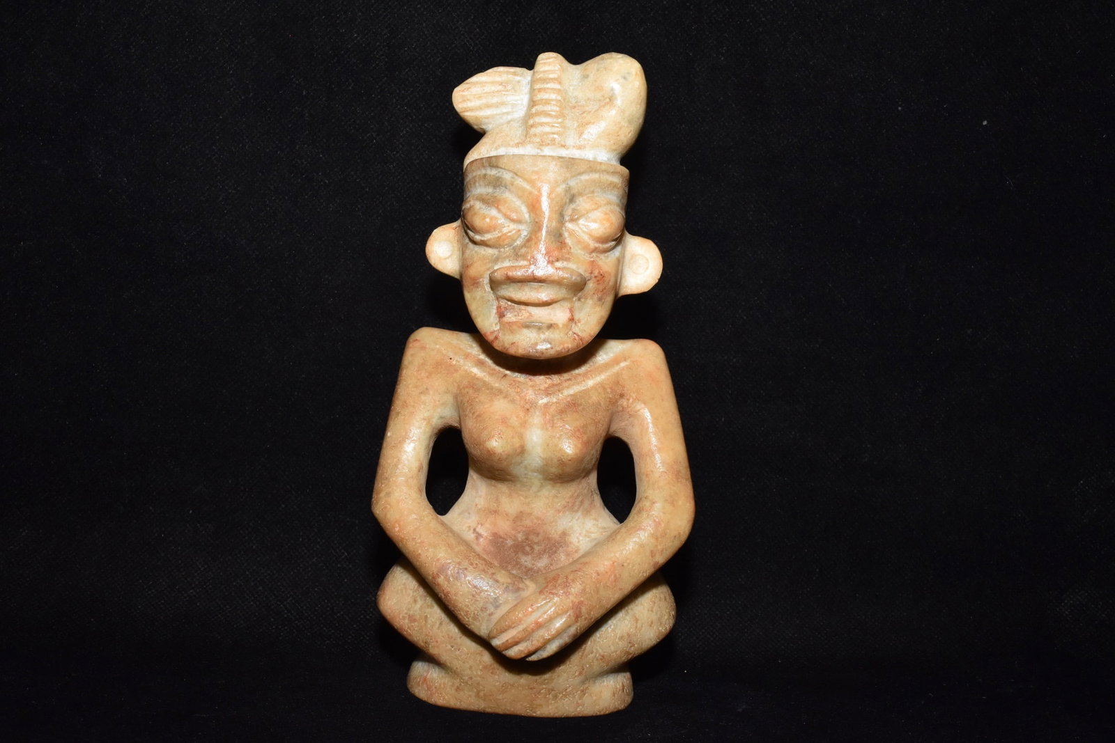 A Fine White Jade Squatting Deity Ornament: A Fine White Jade Squatting Deity Ornament,Hongshan Culture,Dimensions:3.5inx 7.1in,Weight:940g,白玉蹲坐神人摆件,红山文化
