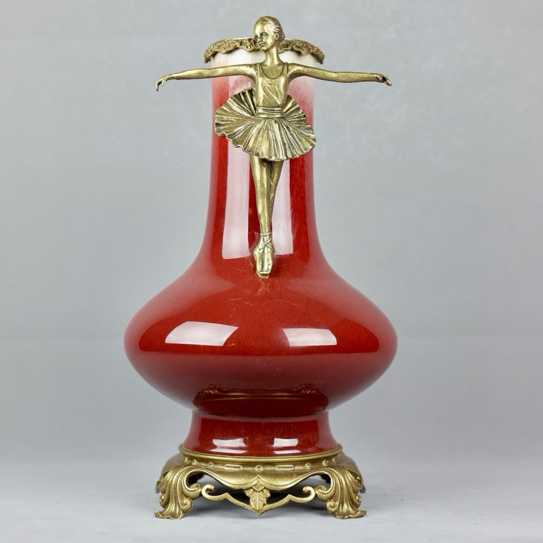 An Exquisite Langyao Red Glaze Flat-Belly Vase With Copper Ballet Dancer Ornaments: An Exquisite Langyao Red Glaze Flat-Belly Vase With Copper Ballet Dancer Ornaments,China Qing Dynasty,Six-Character Qianlong