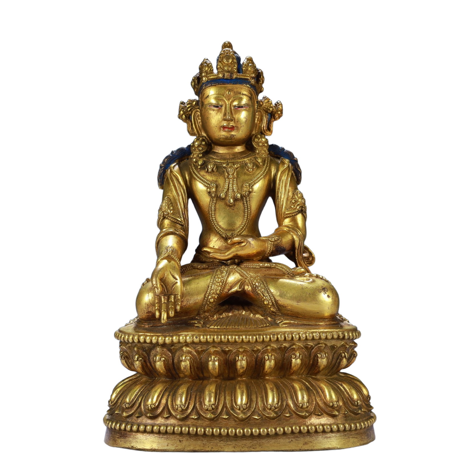 A Solemn Gilt Bronze Statue of Amitayus: A Solemn Gilt Bronze Statue of Amitayus,Qing Dynasty, China,Size:4.3inx3.5inx7.1in,Weight:1550g 铜鎏金无量寿佛像,中国清代