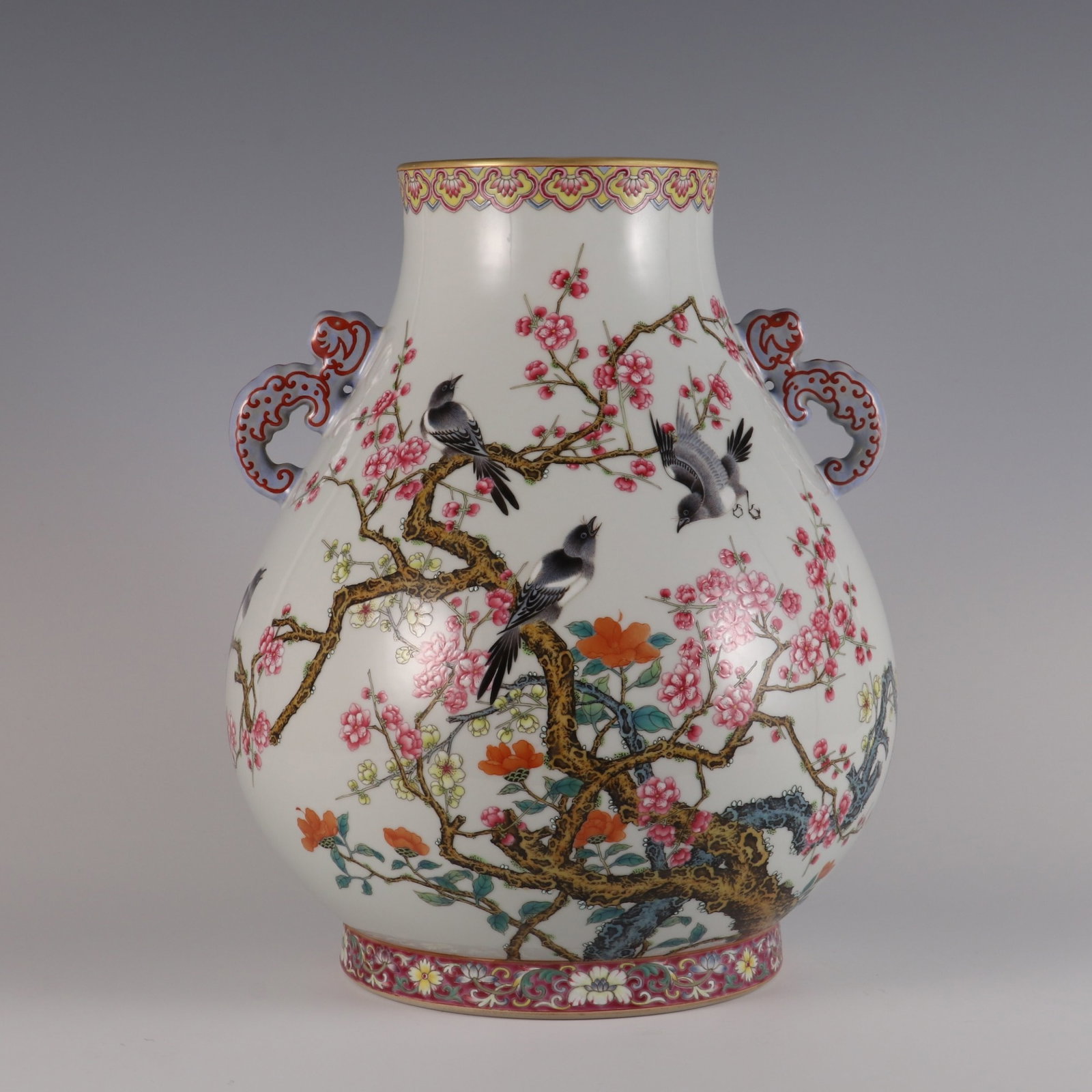 An Exquisite famille rose flower and bird inscribed poem ruyi-handle zun,: An Exquisite famille rose flower and bird inscribed poem ruyi-handle zun,Qing Dynasty, China,Yongzheng Six-character Mark,Size:12.6inx10.2in,粉彩花鸟纹题诗