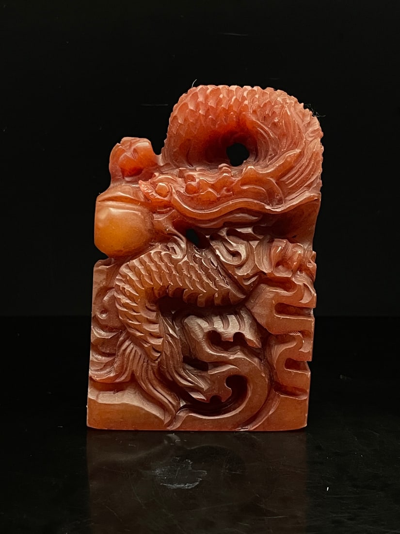 A Fine Red Shoushan Stone Square Seal With High?Relief Dragon Chasing Pearl: A Fine Red Shoushan Stone Square Seal With High‑Relief Dragon Chasing Pearl,Qing Dynasty Of China,With Inscription,Dimensions:2.6inx1.1inx3.9in,Weight:245g,寿山石红ਨ