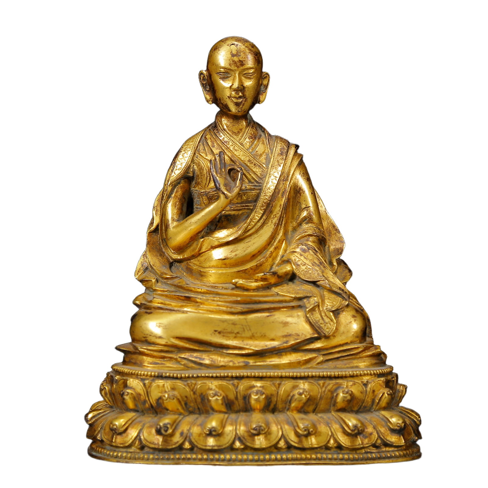 A Solemn Gilt Bronze Statue of Guru: A Solemn Gilt Bronze Statue of Guru,Ming Dynasty, China,Size:5.3inx3.7inx6.7in,Weight:1745g 铜鎏金上师像，明代