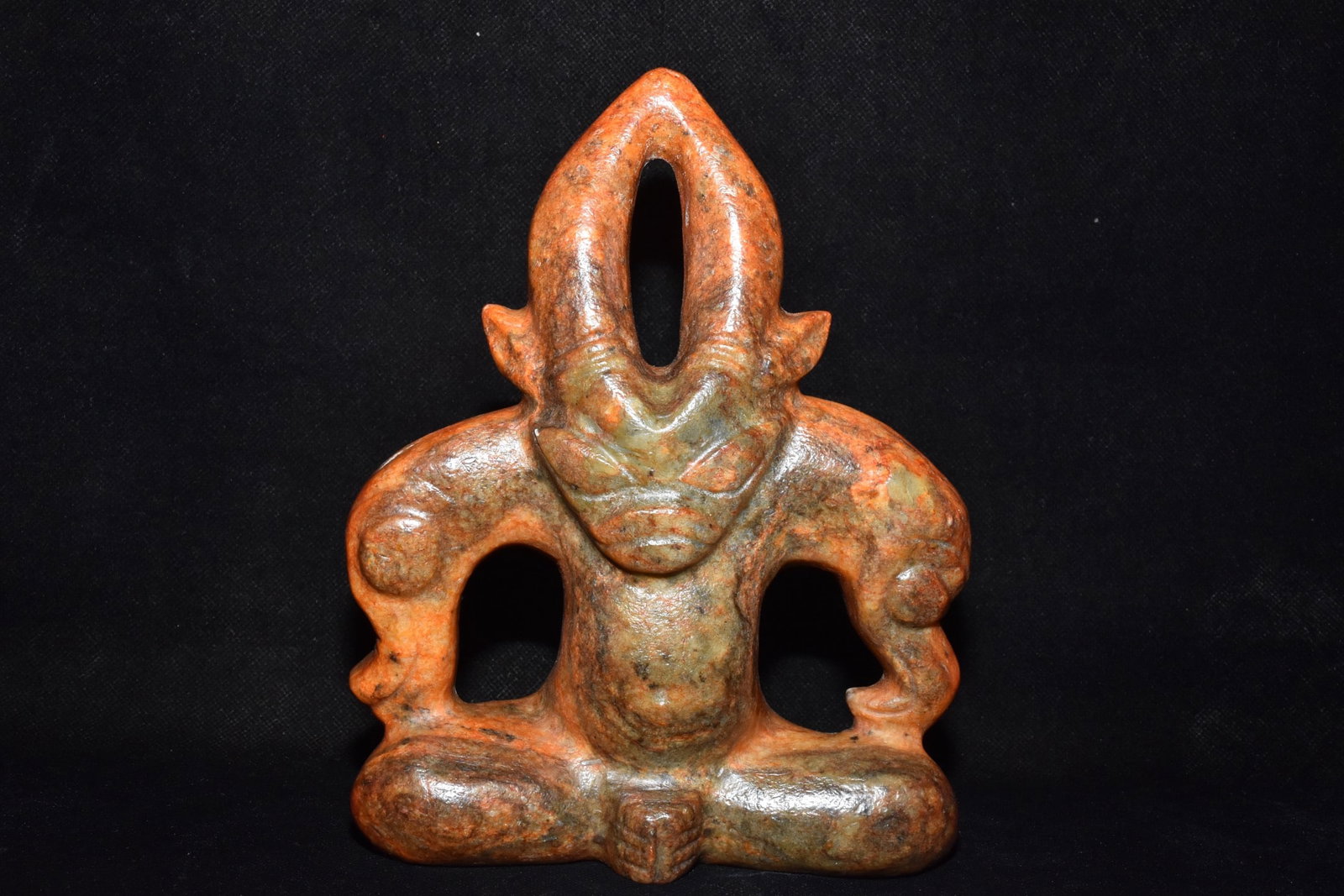 A Fine White Jade Ox?Horned Deity Ornament: A Fine White Jade Ox‑Horned Deity Ornament,Hongshan Culture,Dimensions:5.9inx 7.9in,Weight:1390g,白玉牛角神人摆件,红山文化