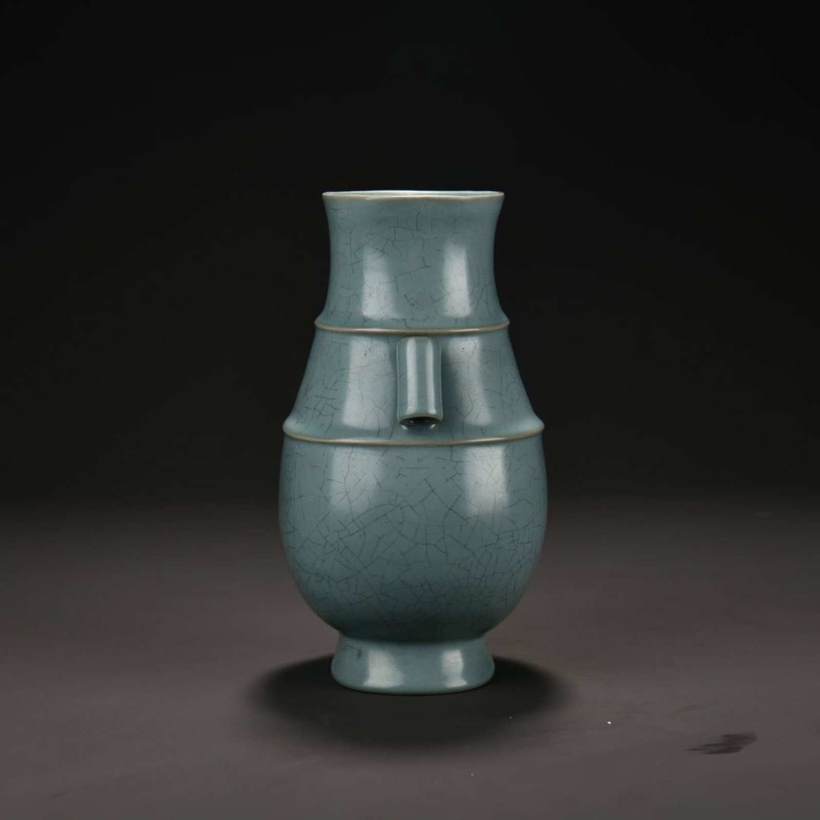 An Exquisite Ru Kiln Sky-Celadon Pierced Ear Vase With Imperial Poems By Emperor Qianlong: An Exquisite Ru Kiln Sky-Celadon Pierced Ear Vase With Imperial Poems By Emperor Qianlong,Song Dynasty China,Dimensions:9.1inx5.5in,汝窑天青釉贯耳瓶,