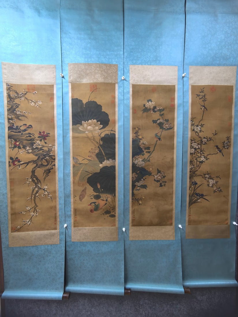Chinese Vertical Scroll Ink Painting of Flower and Bird on Silk,Jiang Yanxi: Chinese Vertical Scroll Ink Painting of Flower and Bird on Silk,Jiang Yanxi,Size:12.2inx41.3in*4 中国水墨绢本花鸟图立轴,蒋ॿ