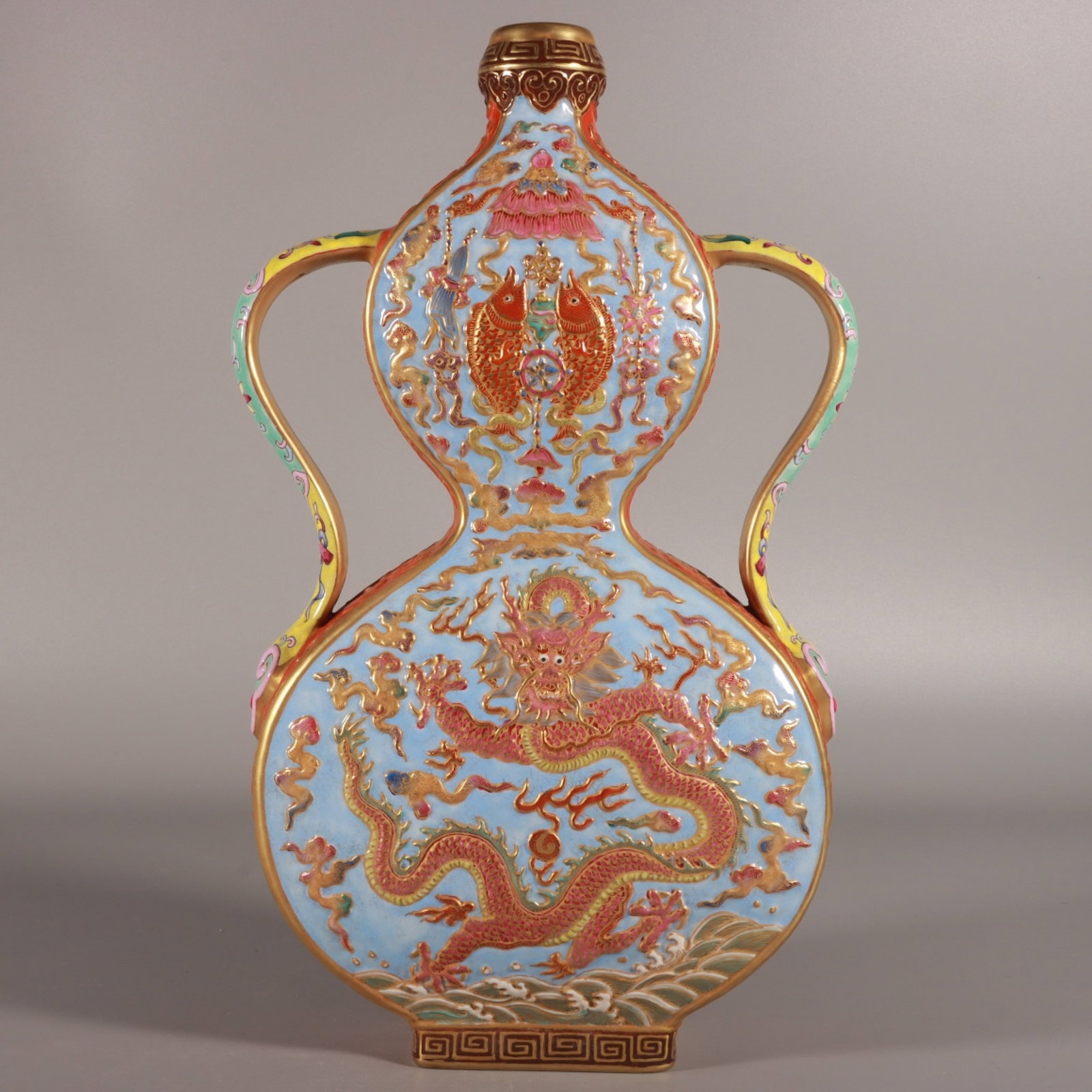 A Fine Enamel Color Blue Ground Gilt Dragon Double-Eared Gourd Vase: A Fine Enamel Color Blue Ground Gilt Dragon Double-Eared Gourd Vase,Qing Dynasty,China,Qianlong Six-character Mark,Size:12.6inx7.1in,珐琅彩蓝地掉了描