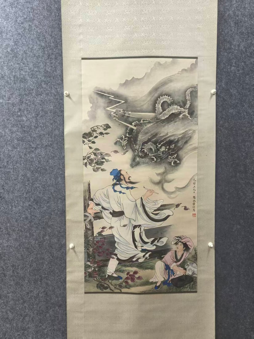A Chinese Vertical Scroll Ink Painting of Character and Story on Paper,Huang Jun: A Chinese Vertical Scroll Ink Painting of Character and Story on Paper,Huang Jun,Size:19.3inx39.8in 一幅中国水墨人物故事画立$