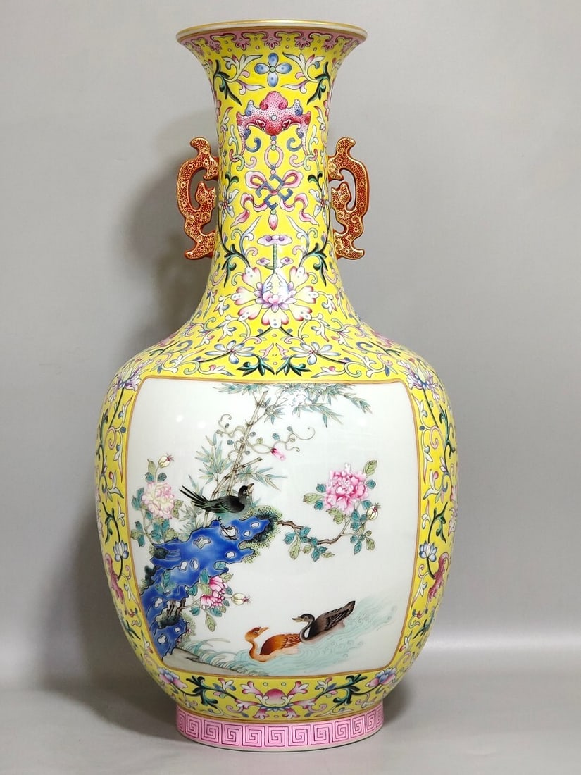 An Exquisite Double-Ear Vase With Yellow Ground And Open Window Flower And Bird Patterns: An Exquisite Double-Ear Vase With Yellow Ground And Open Window Flower And Bird Patterns,Qing Dynasty,China,Qianlong Six-character Mark,黄地开窗花鸟双耳