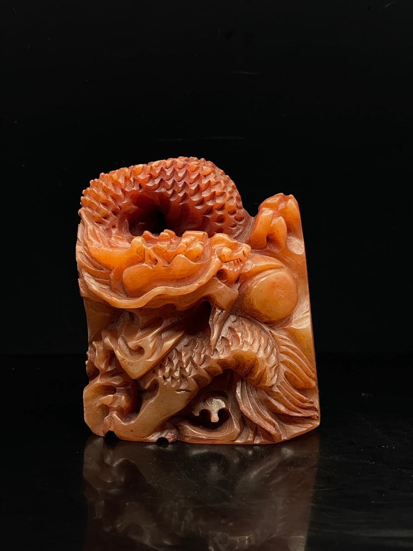 A Fine Red Shoushan Stone Free?Form Seal With High?Relief Dragon Chasing Pearl: A Fine Red Shoushan Stone Free‑Form Seal With High‑Relief Dragon Chasing Pearl,Qing Dynasty Of China,With Inscription,Dimensions:2.8inx1.5inx3.3in,Weight:341g,寿山石ń