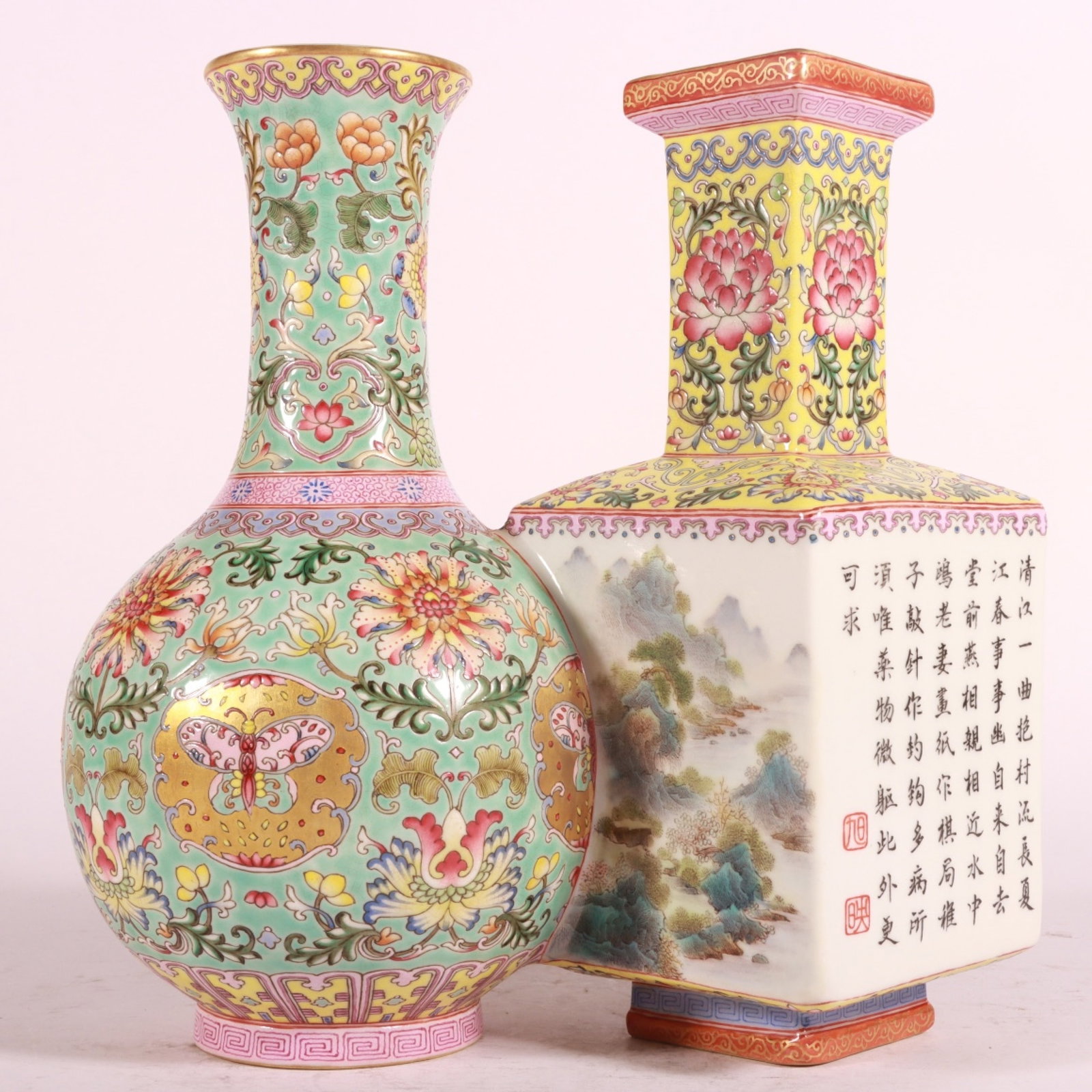 A Fine Enamel Color Connected Twin Vases,Interlocking Lotus and Landscape: A Fine Enamel Color Connected Twin Vases,Interlocking Lotus and Landscape,Qing Dynasty,China,Qianlong Four-character Mark,Size:7.9inx7.9in,珐琅彩缠枝莲山ĕ