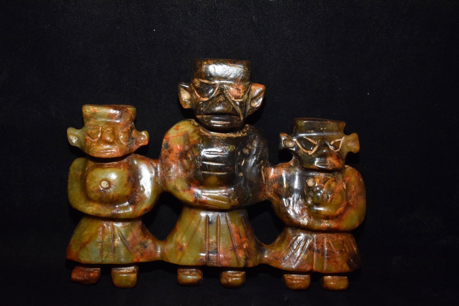 A Fine White Jade Inter?Carved Three?Deity Ornament: A Fine White Jade Inter‑Carved Three‑Deity Ornament,Hongshan Culture,Dimensions:9.3inx 7.3in,Weight:2710g,白玉联雕三神人摆件,红&