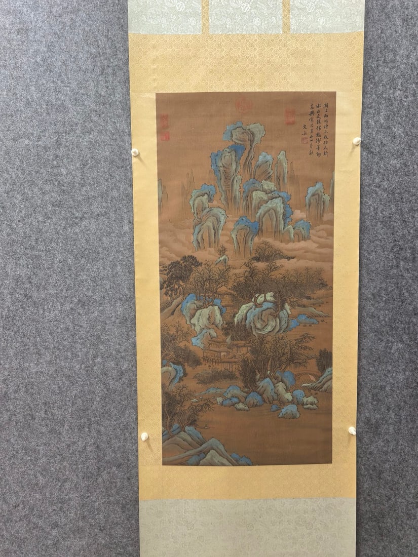 A Chinese Vertical Scroll Ink Painting of Landscape on Silk,Wen Jia: A Chinese Vertical Scroll Ink Painting of Landscape on Silk,Wen Jia,Size:18.9inx40.2in 一幅中国水墨绢本山水画立轴,文