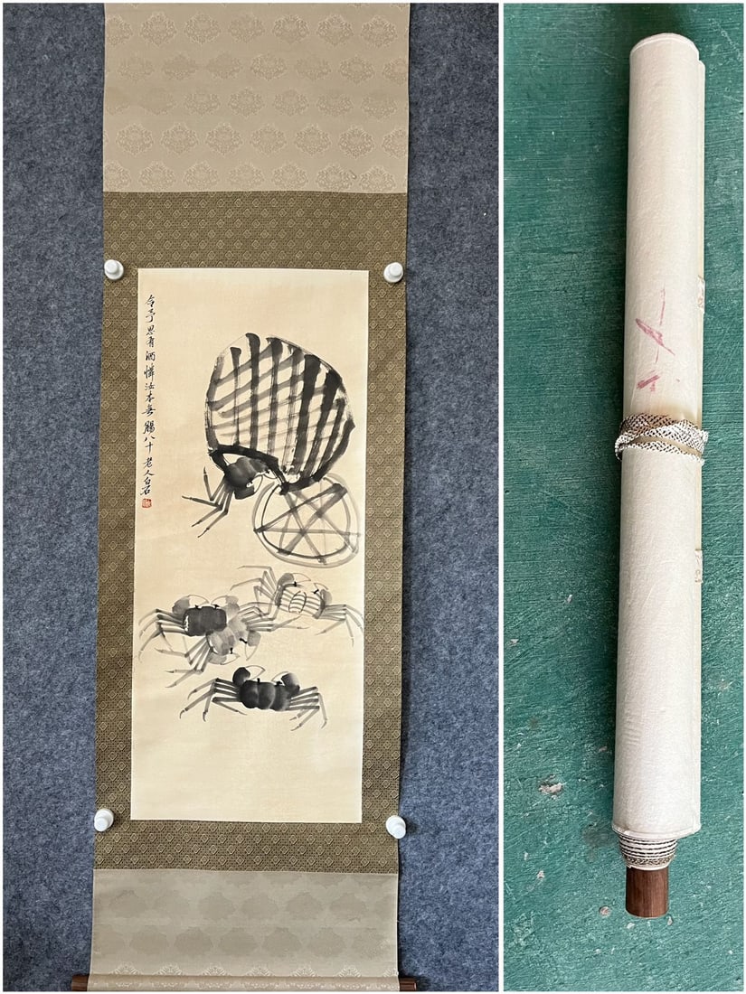 A Chinese Ink-on-Paper Hanging Scroll, Crabs: A Chinese Ink-on-Paper Hanging Scroll, Crabs,Qi