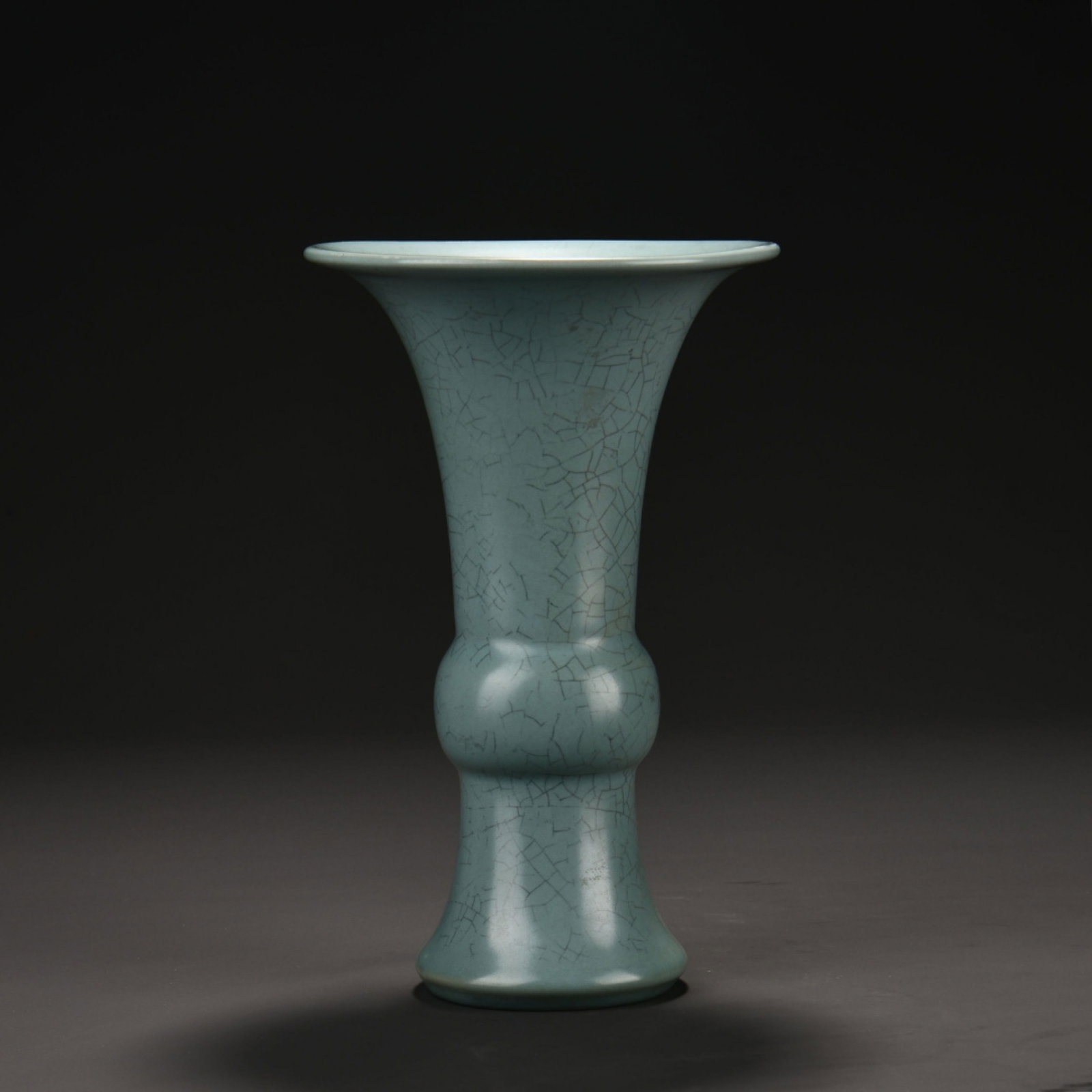 An Exquisite Ru Kiln Sky-Celadon Crackle Gu Vase With Imperial Poems By Emperor Qianlong: An Exquisite Ru Kiln Sky-Celadon Crackle Gu Vase With Imperial Poems By Emperor Qianlong,Song Dynasty