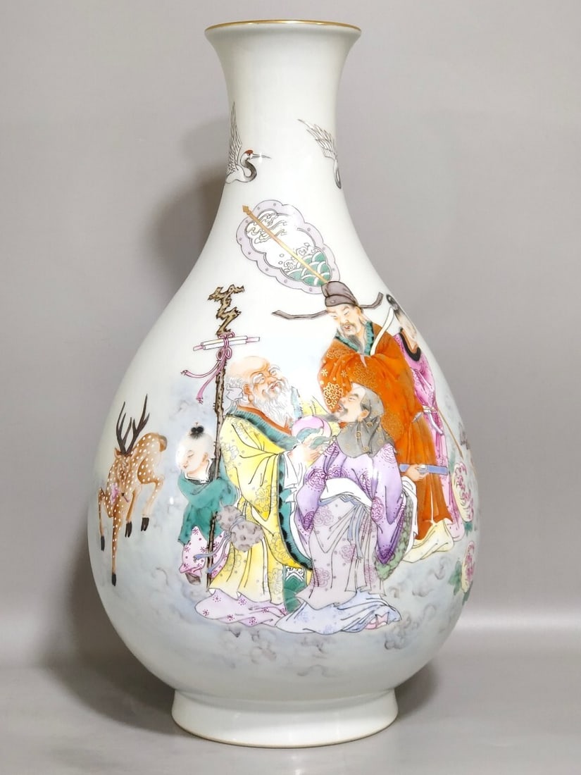 An Exquisite Yuhuchun Vase Painted With Fu Lu Shou Gods Presenting Sons: An Exquisite Yuhuchun Vase Painted With Fu Lu Shou Gods Presenting Sons,Qing Dynasty,China,Yongzheng Six-character