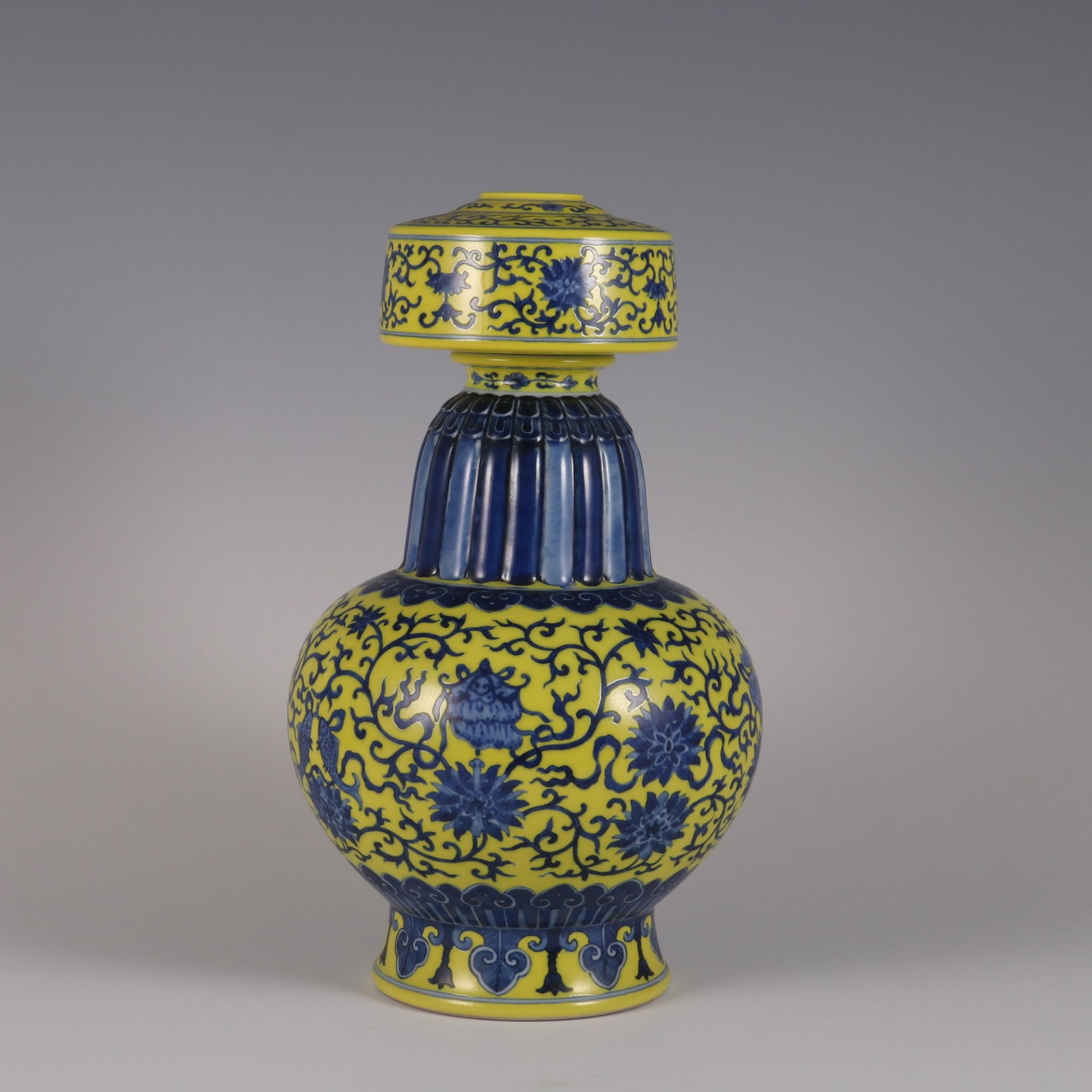 An Exquisite yellow glaze blue and white lotus holding eight treasures benba vase,: An Exquisite yellow glaze blue and white lotus holding eight treasures benba vase,Qing Dynasty, China,Qianlong Six-character