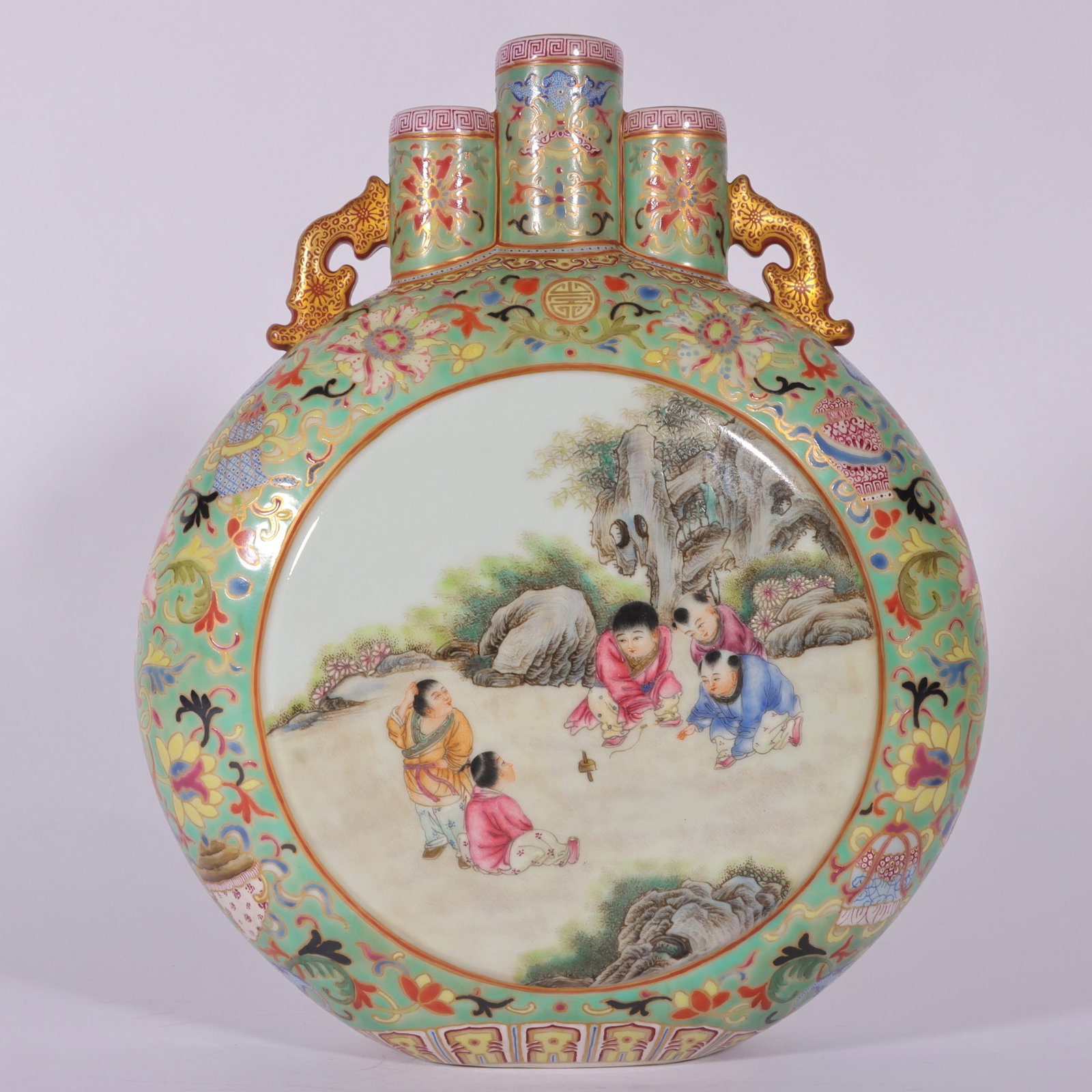 A Fine Enamel Color Green Ground Gilt Interlocking Lotus Triple-Tube Moonflask with Children-at-Play: A Fine Enamel Color Green Ground Gilt Interlocking Lotus Triple-Tube Moonflask with Children-at-Play Panels,Qing Dynasty,China,Qianlong Four-character Mark,Size:10.9inx8.5in,珐琅彩&#