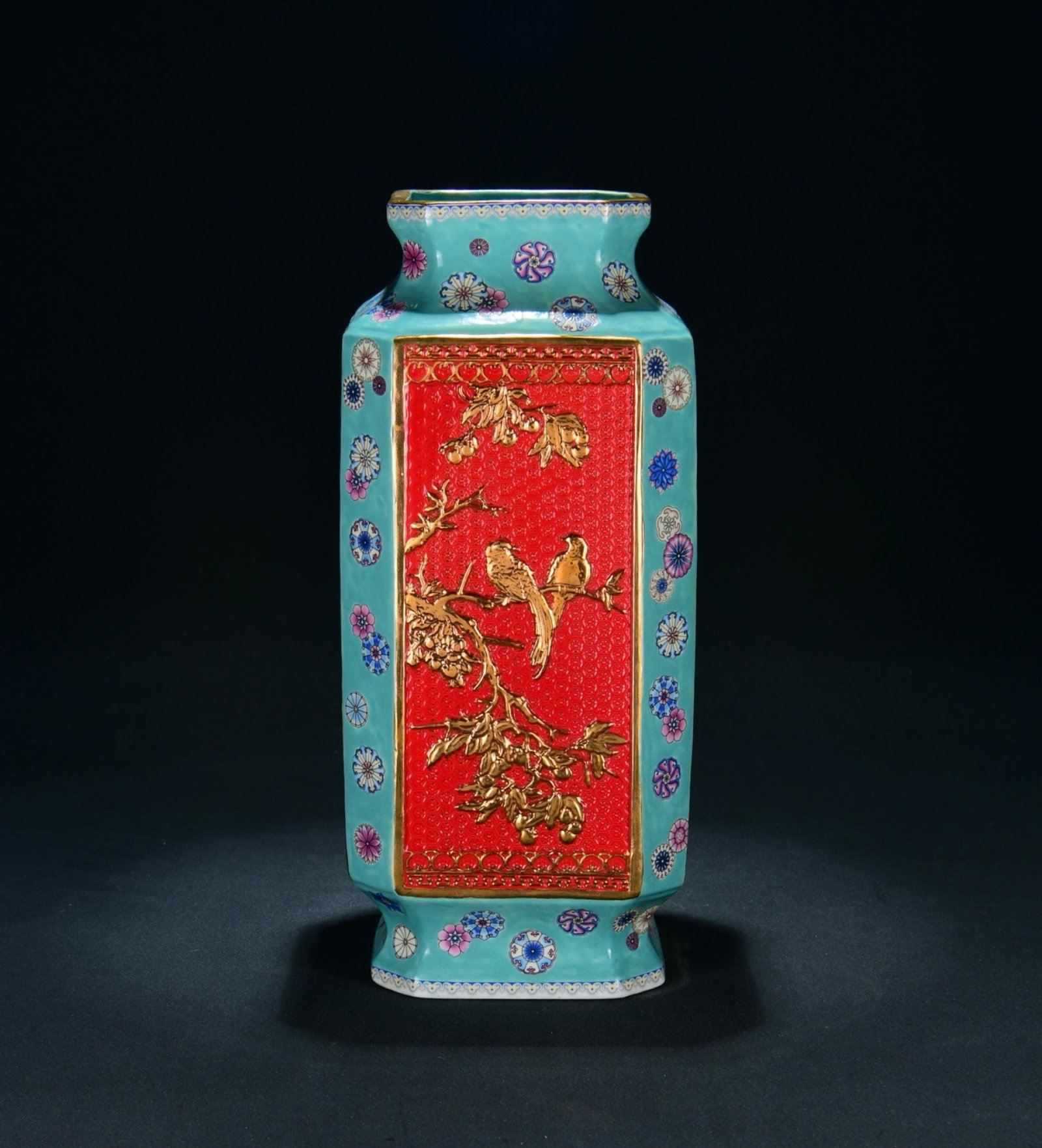 An Exquisite Gilt Enamel Square Vase With Relief Flower And Bird Patterns: An Exquisite Gilt Enamel Square Vase With Relief Flower And Bird Patterns,Qing Dynasty China,Six-Character Qianlong Mark,Dimensions:14.2inx6.3in,珐琅彩浮雕鎏金