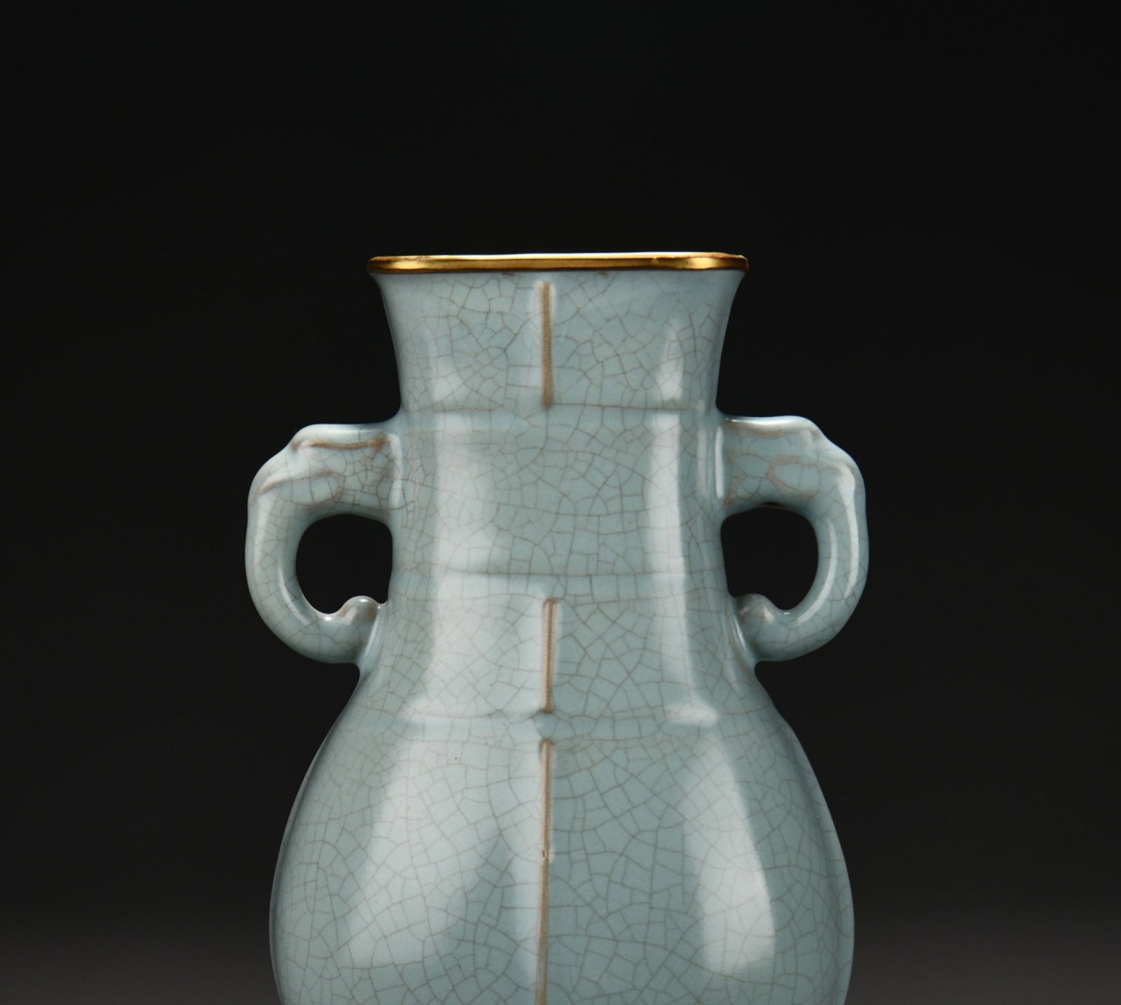 An Exquisite Ru Kiln Sky-Celadon Crackle Gold Rim Elephant-Eared Ribbed Vase (1 of 6)