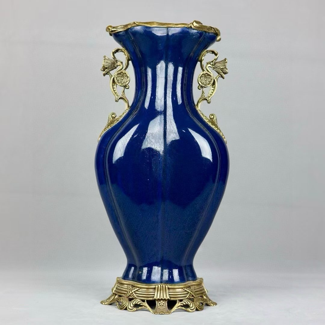 An Exquisite Sacrificial Blue Glaze Pipa-Shaped Vase With Double Ears And Copper Lace Trim: An Exquisite Sacrificial Blue Glaze Pipa-Shaped Vase With Double Ears And Copper Lace Trim,China Qing Dynasty,Six-Character Yongzheng