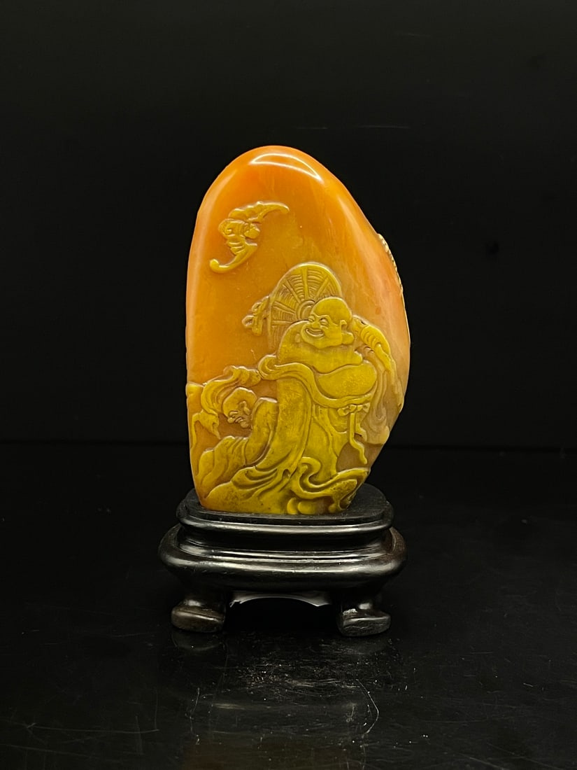 A Fine Tianhuang Stone Free?Form Ornament With Low?Relief Maitreya And Arhats: A Fine Tianhuang Stone Free‑Form Ornament With Low‑Relief Maitreya And Arhats,Qing Dynasty Of