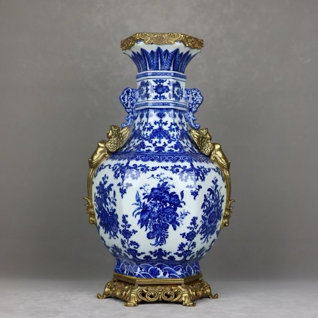 An Exquisite Blue And White Hexagonal Celestial Sphere Vase With Double Copper Angel Ears,Three: An Exquisite Blue And White Hexagonal Celestial Sphere Vase With Double Copper Angel Ears,Three Blessings Pattern,China Qing Dynasty,Six-Character Qianlong Mark,Dimensions:18.1inx9.8in,青花