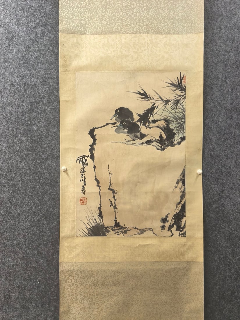 A Chinese Vertical Scroll Ink Painting of Flower and Bird on Paper,Pan Tianshou: A Chinese Vertical Scroll Ink Painting of Flower and Bird on Paper,Pan Tianshou,Size:17.3inx26in 一幅中国水墨花鸟画立轴,潘࣪