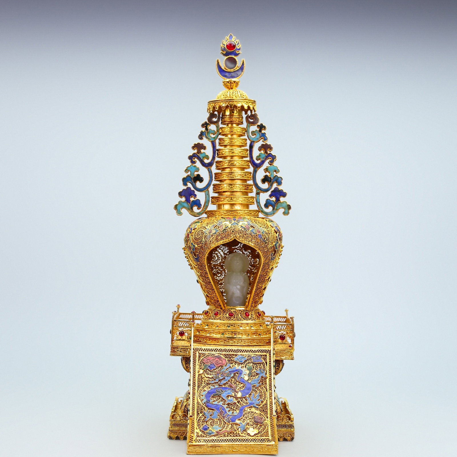 An Exquisite Gilt Bronze Filigree Enamel Buddha Pagoda Inlaid With Gemstones And White Jade (1 of 10)