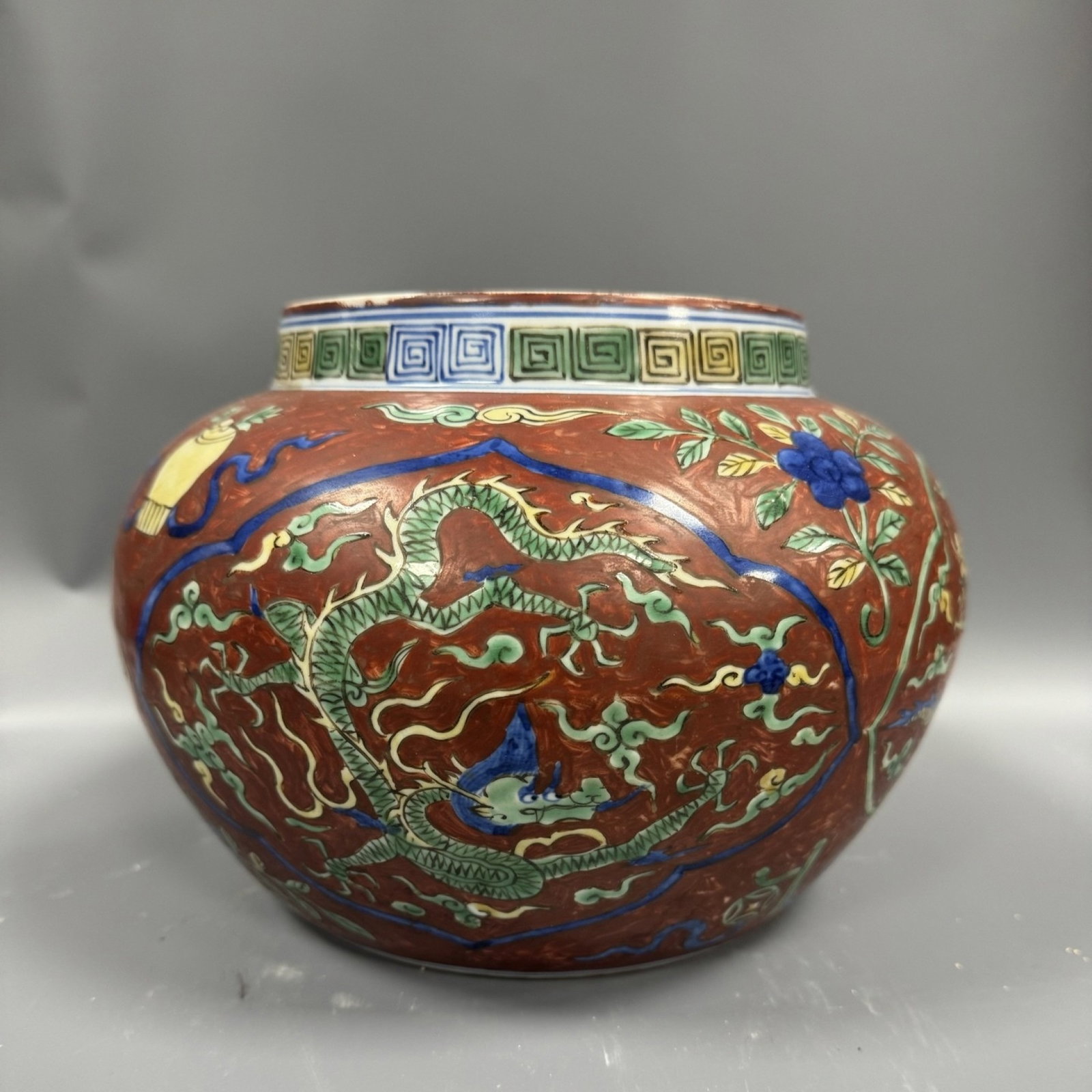 A Fine Jar,Underglaze Blue Dragon With Yellow & Green Overglaze On Red Ground: A Fine Jar,Underglaze Blue Dragon With Yellow & Green Overglaze On Red Ground,Ming Dynasty,China,Jiajing Six-character Mark,Size:6.3inx8.3in,青花红地黄绿彩