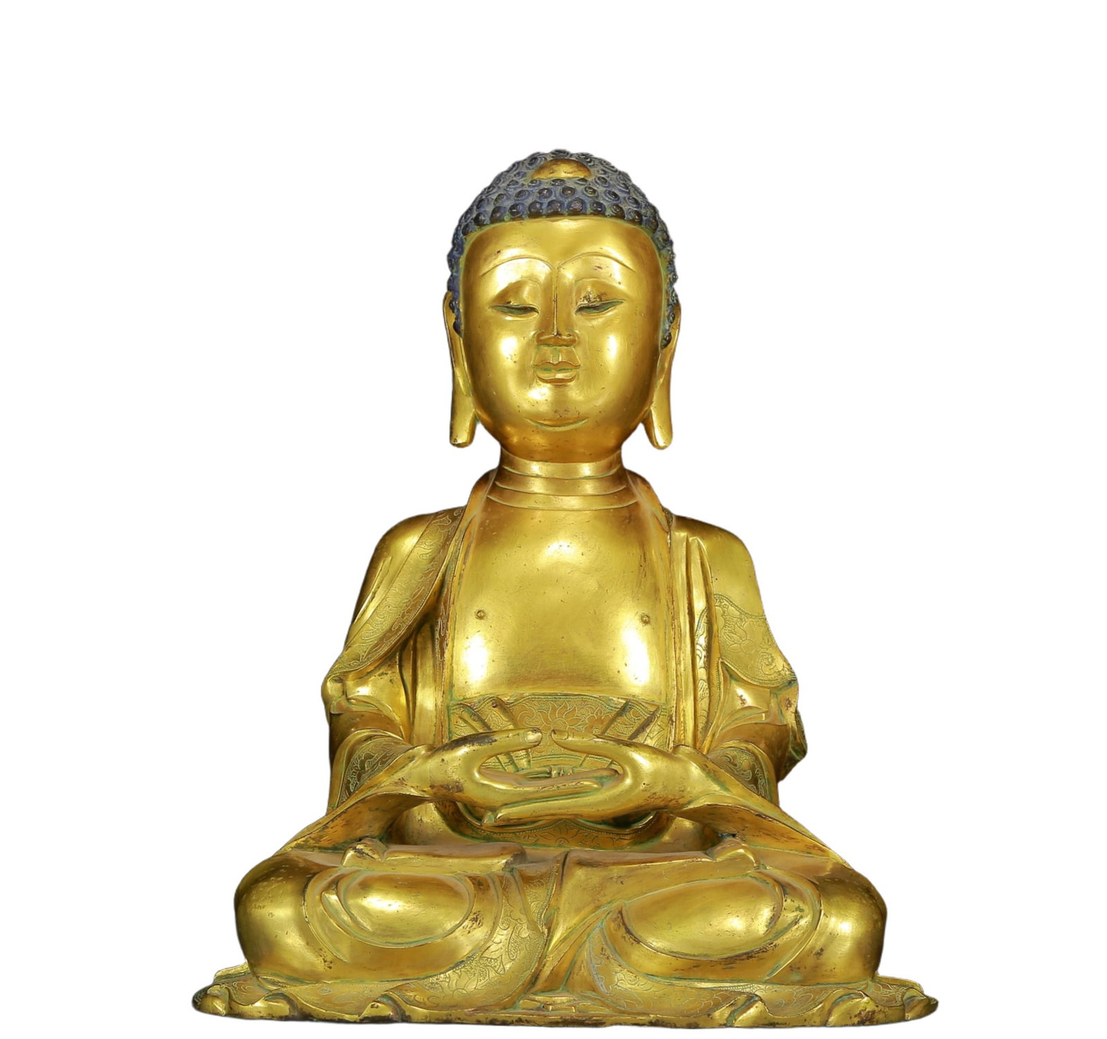 A Solemn Gilt Bronze Statue of Sakyamuni: A Solemn Gilt Bronze Statue of Sakyamuni,Qing Dynasty, China,Size:9.8inx6.3inx12.6in,Weight:6915g 铜鎏金释迦摩尼像，清代