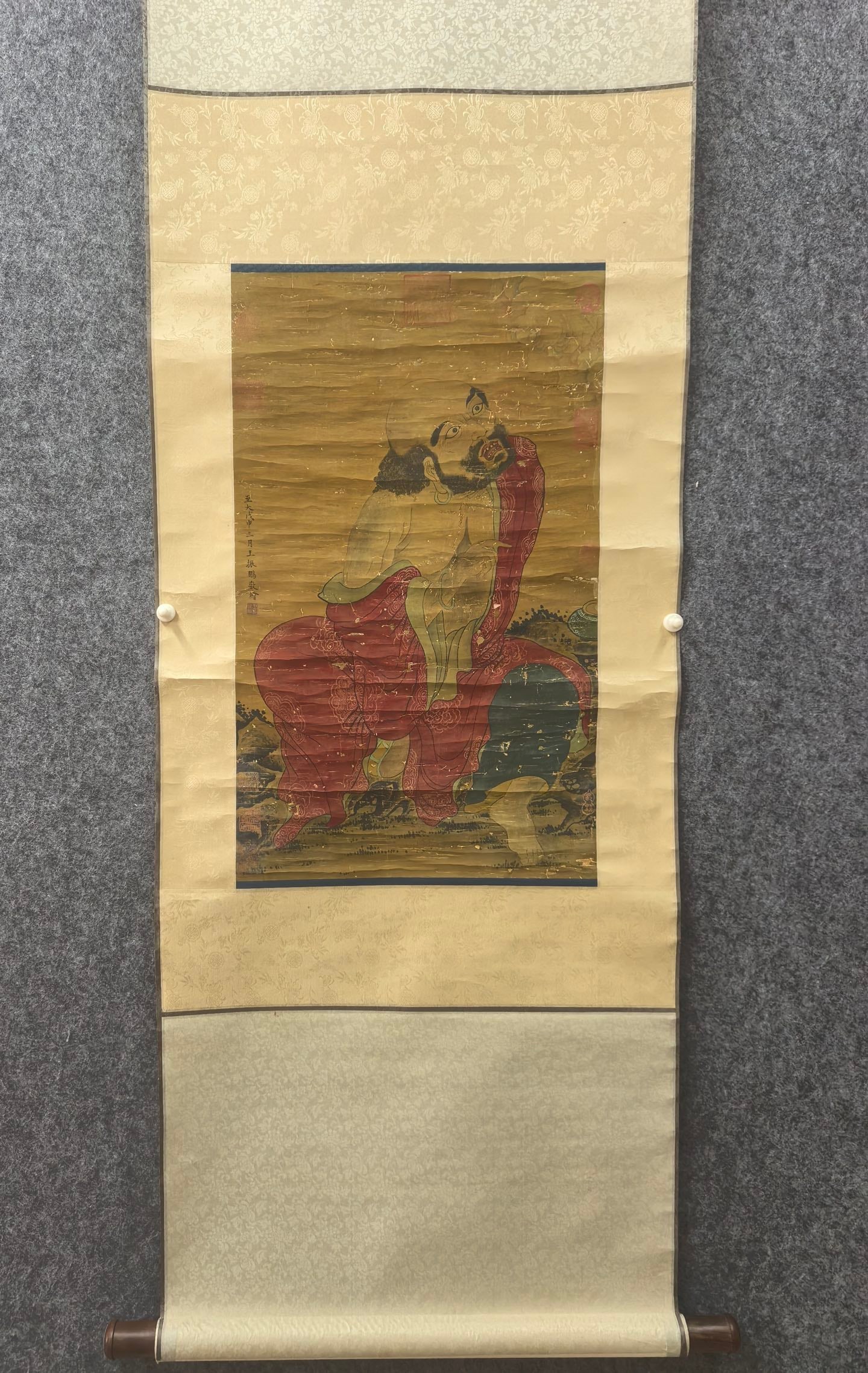 A Chinese Vertical Scroll Ink Painting of Dharma on Silk,Wang Zhenpeng: A Chinese Vertical Scroll Ink Painting of Dharma on Silk,Wang Zhenpeng,Size:14.6inx24.4in 一幅中国水墨绢本达摩图立轴,ħ