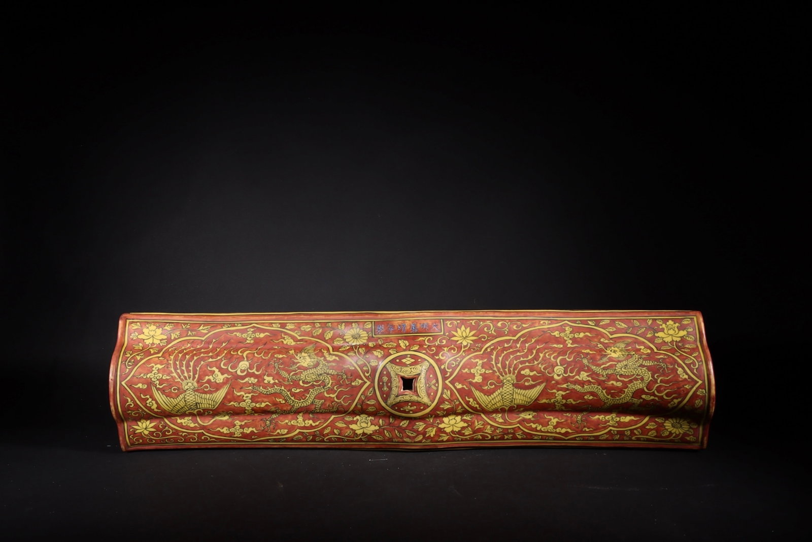 A Fine Overglaze Red Dragon & Phoenix Porcelain Pillow On Yellow Ground (1 of 9)