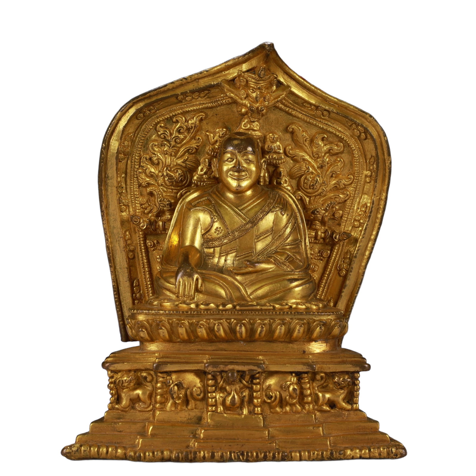 A Solemn Gilt Bronze Statue of Guru: A Solemn Gilt Bronze Statue of Guru,Qing Dynasty, China,Size:5.1inx2.8inx6.7in,Weight:1200g 铜鎏金上师像,中国清代