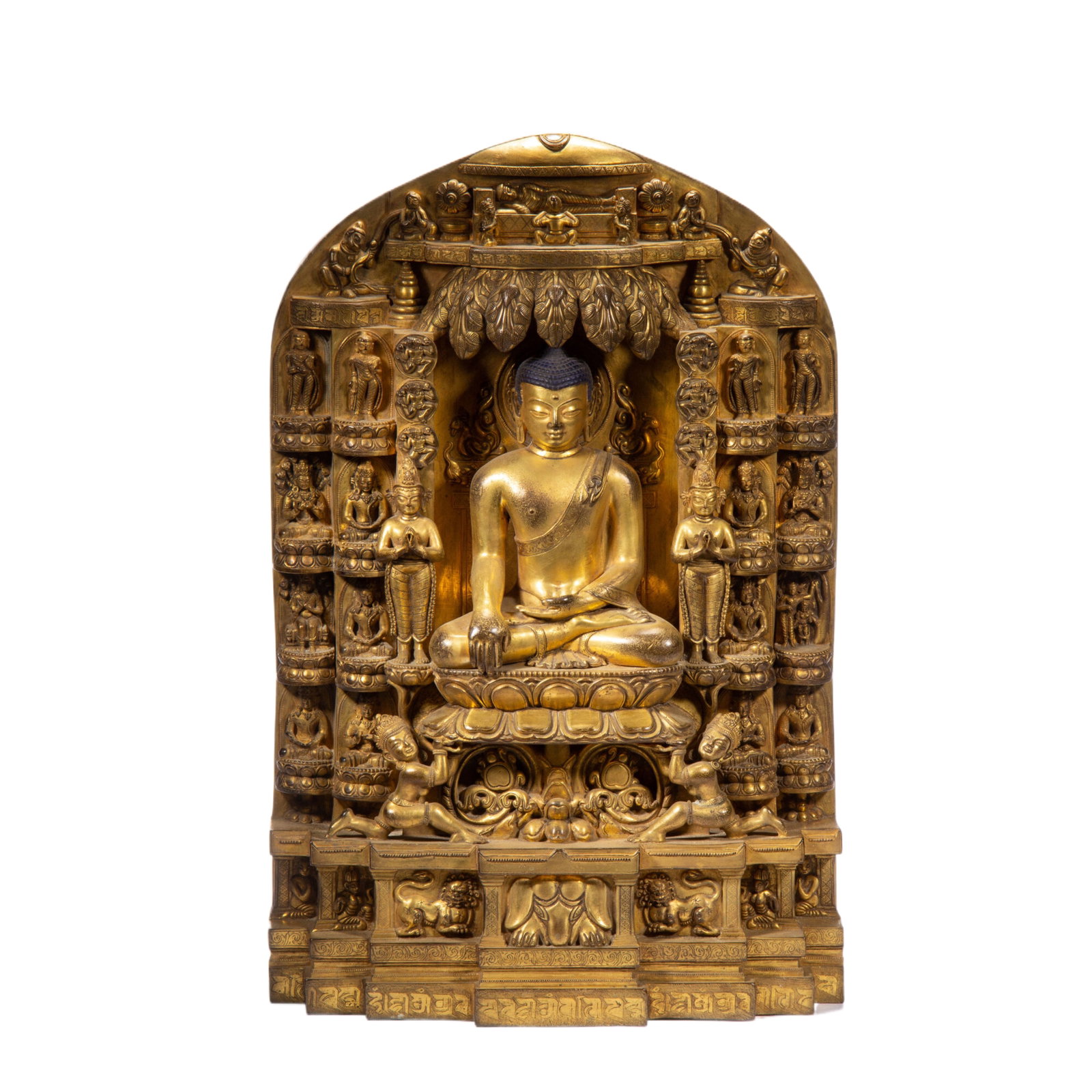 An Exquisite Gilt Bronze Stele With Niche Featuring Enlightened Shakyamuni Buddha Statue: An Exquisite Gilt Bronze Stele With Niche Featuring Enlightened Shakyamuni Buddha Statue,China Qing Dynasty,Dimensions:15.9inx5.9inx24in,铜鎏金释迦牟尼成