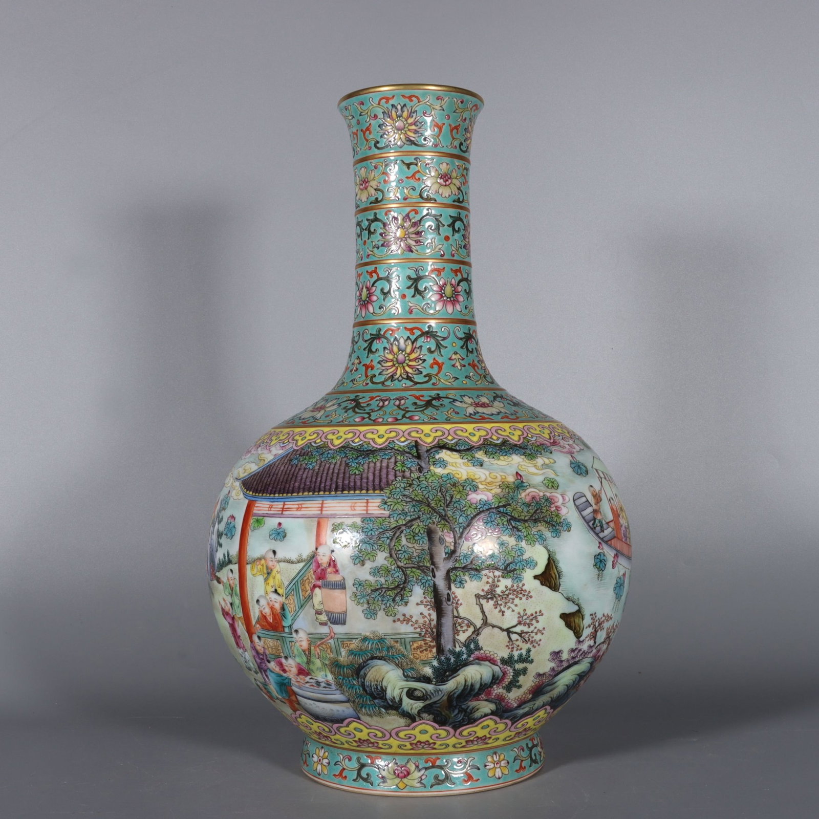 A Fine Famille Rose Green Ground Interlocking Lotus Pear-Shaped Vase with Continuous Hundred Boys: A Fine Famille Rose Green Ground Interlocking Lotus Pear-Shaped Vase with Continuous Hundred Boys,Qing Dynasty,China,Qianlong Six-character
