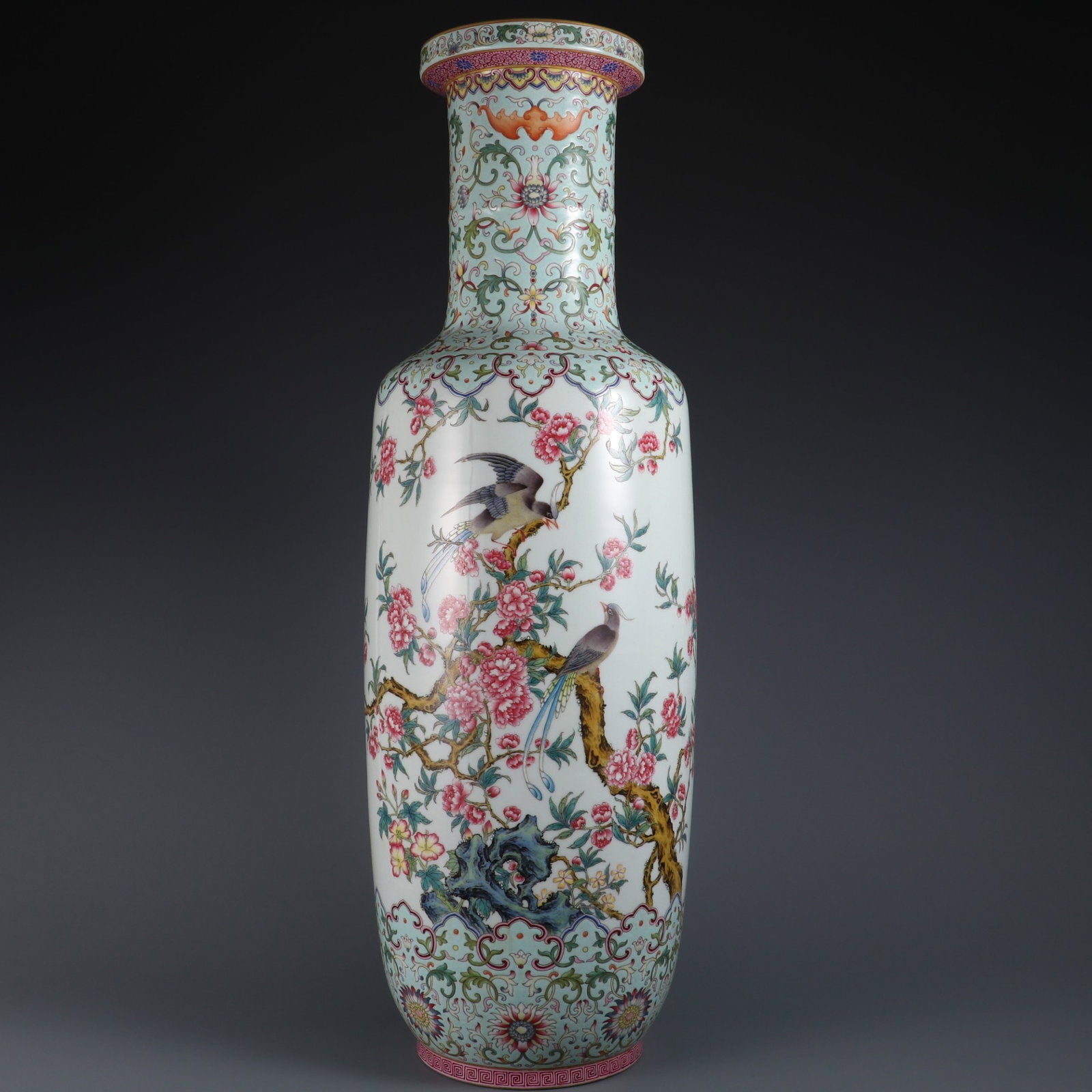 An Exquisite famille rose flower and bird inscribed poem mallet vase, (1 of 13)