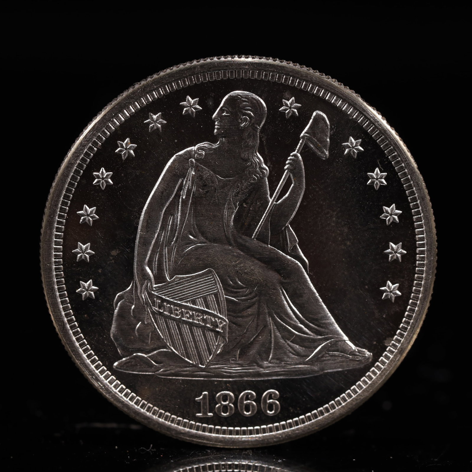 USA One Dollar 1866 Coin: American coin. IN GOD WE TRUST / LIBERTY / 1866 / UNITED STATES OF AMERICA / ONE DOL. Weight:26.9g.