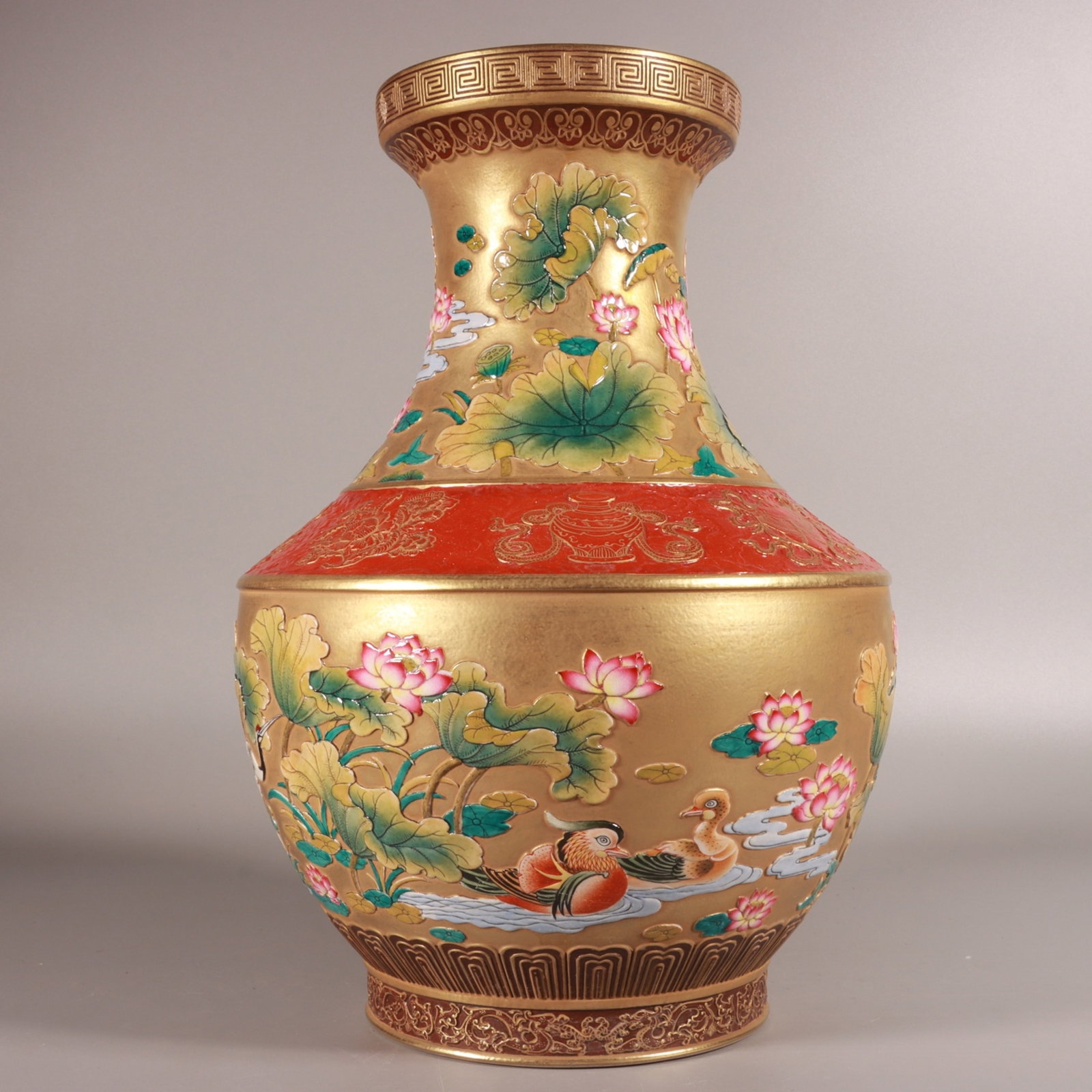 A Fine Enamel Color Carved Gilded Ground Mandarin Duck Vase: A Fine Enamel Color Carved Gilded Ground Mandarin Duck Vase,Qing Dynasty,China,Qianlong Six-character Mark,Size:11.4inx7.9in,珐琅彩雕刻金地鸳鸯