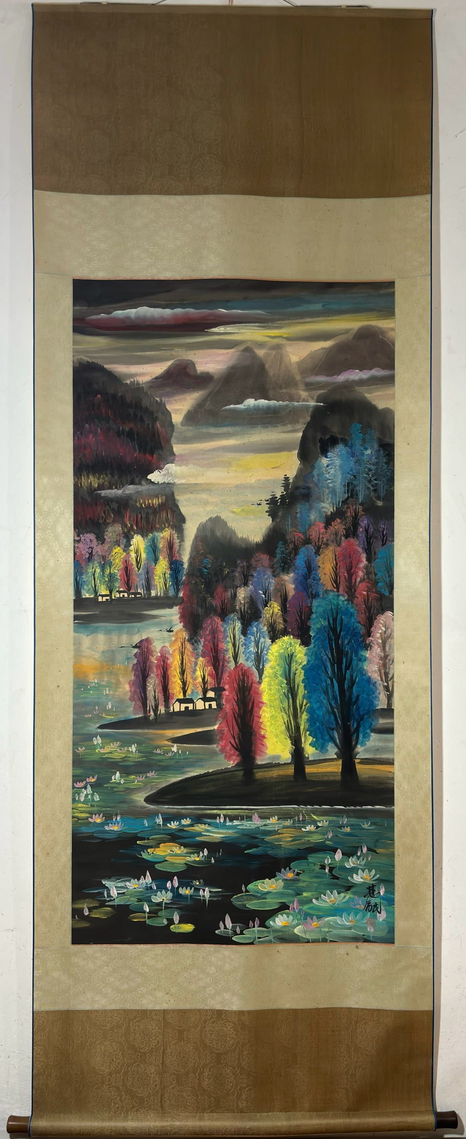 A ChineseInk?on?PaperHangingScroll,Landscape: A ChineseInk‑on‑PaperHangingScroll,Landscape,LinFengmian,Without frame Size:54.3inx26.6in,一副中国水墨山水图纸本立&#