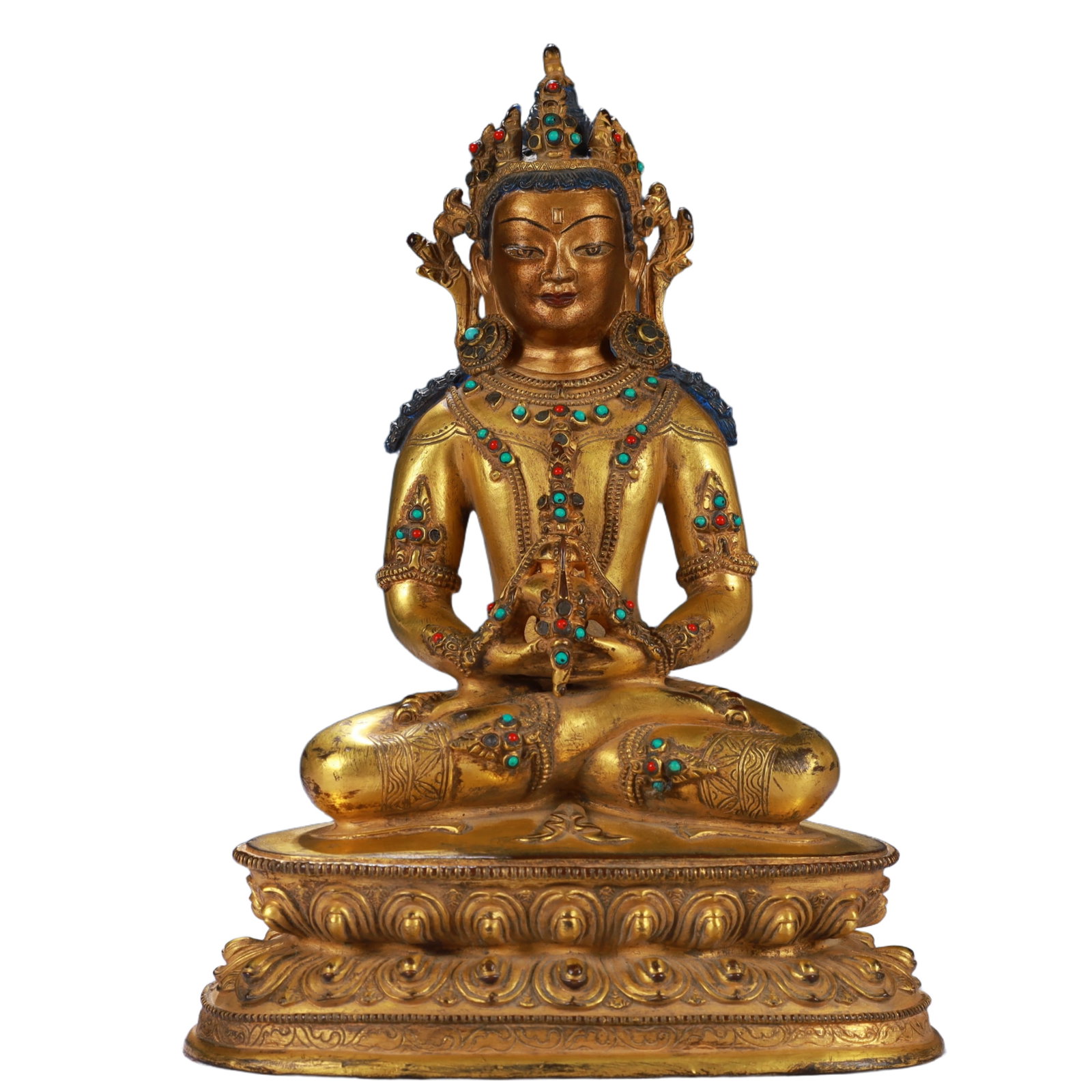 A Solemn Gilt Bronze Statue of Amitayus,Inlaid Gems and Turquoise: A Solemn Gilt Bronze Statue of Amitayus,Inlaid Gems and Turquoise,Qing Dynasty, China,Size:5.9inx3.5inx8.3in,Weight:1800g 铜鎏金无量寿佛像,嵌ê