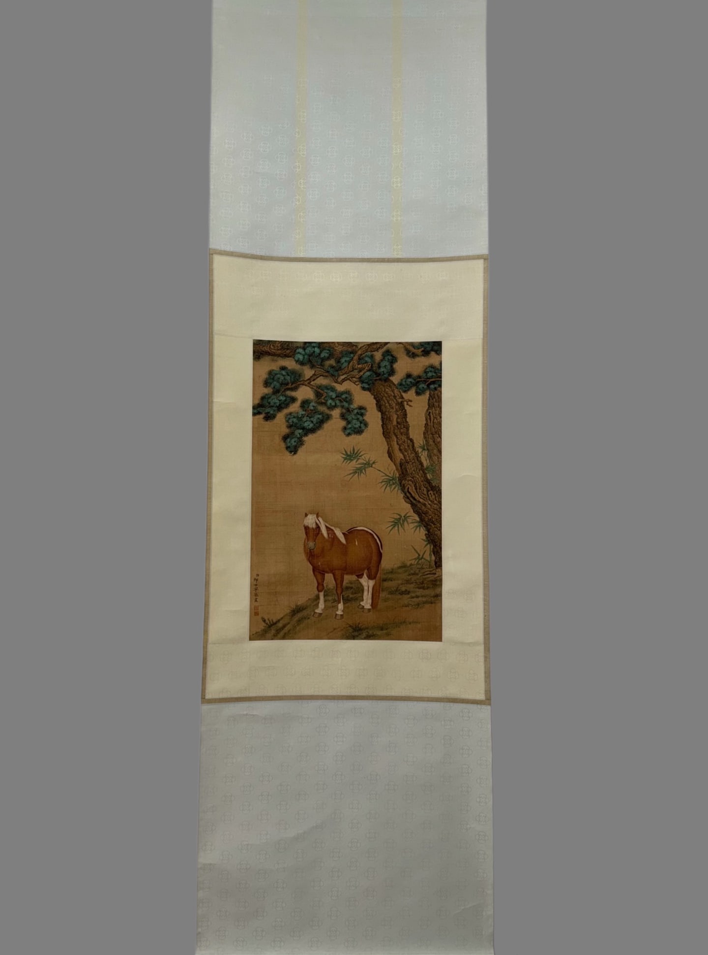 A Chinese Vertical Scroll Ink Painting of Horse on Silk,Lang Shining: A Chinese Vertical Scroll Ink Painting of Horse on Silk,Lang Shining,Size:14.6inx22.4in 一幅中国水墨绢本骏马图立轴,郎
