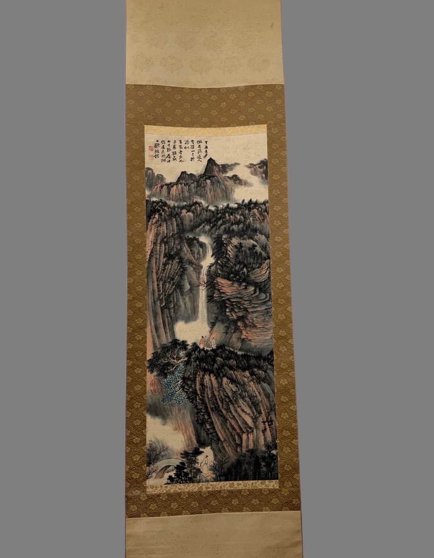 A Chinese Vertical Scroll Ink Painting of Landscape and Figure on Paper,Zhang Daqian: A Chinese Vertical Scroll Ink Painting of Landscape and Figure on Paper,Zhang Daqian,Size:14.6inx39.8in 一幅中国水墨山水人物画立