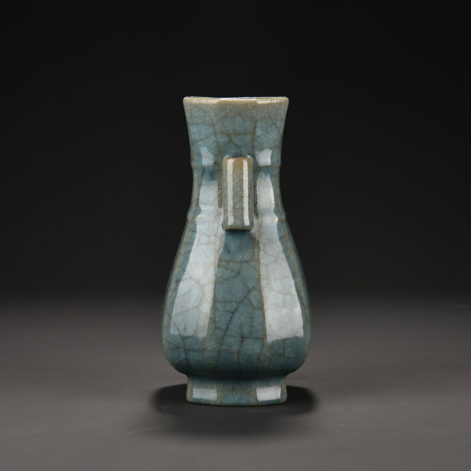 An Exquisite Ru Kiln Sky-Celadon Octagonal Pierced Ear Vase: An Exquisite Ru Kiln Sky-Celadon Octagonal Pierced Ear Vase,Song Dynasty China,With Mark,Dimensions:8.7inx5.1in,汝窑天青釉八方贯耳瓶,中