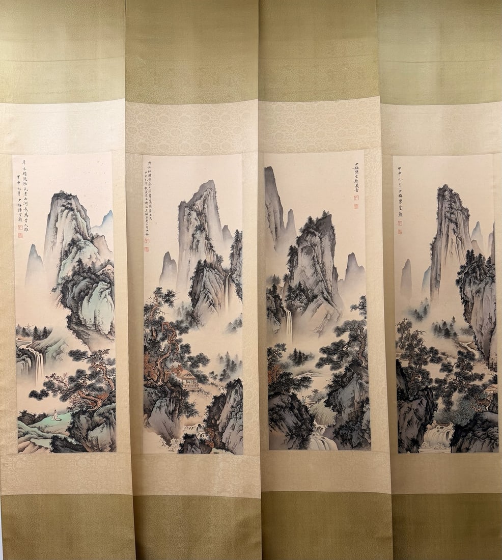 Chinese Vertical Scroll Ink Painting of Landscape on Paper,Chen Shaomei: Chinese Vertical Scroll Ink Painting of Landscape on Paper,Chen Shaomei Size:12.6inx37.4in*4 中国水墨山水画立轴,陈少梅