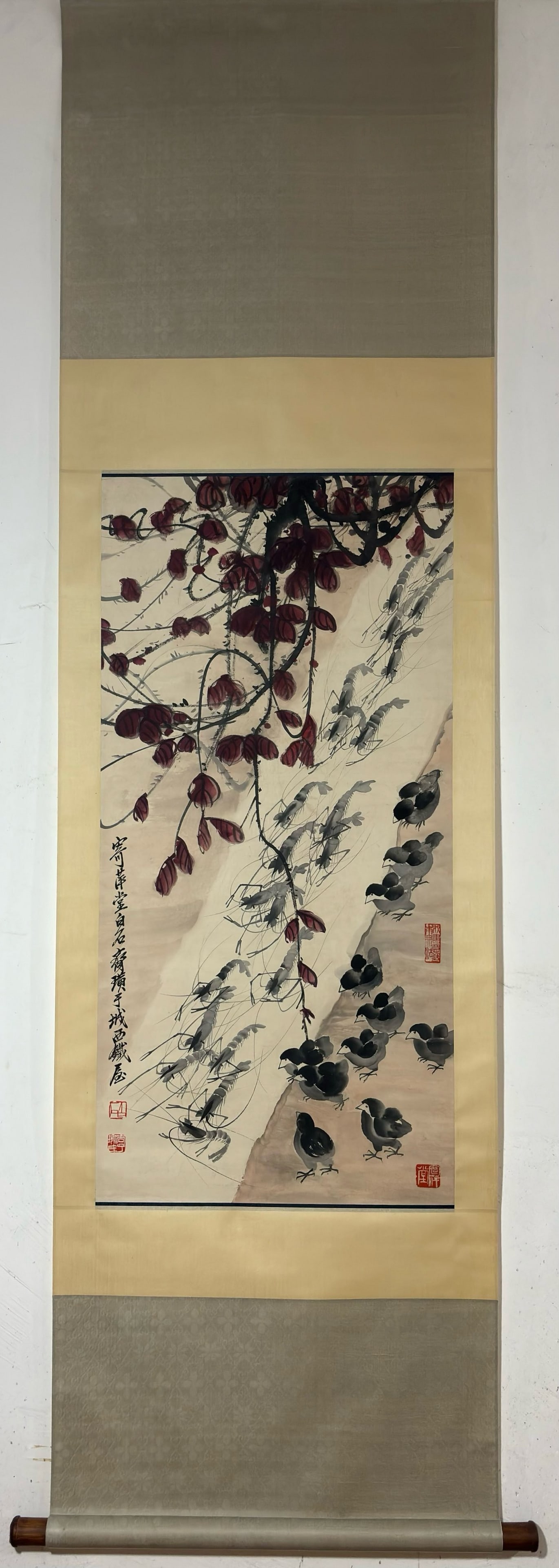 A ChineseInk?on?PaperHangingScroll,PlayfulShrimps: A ChineseInk‑on‑PaperHangingScroll,PlayfulShrimps,QiBaishi,Without frame