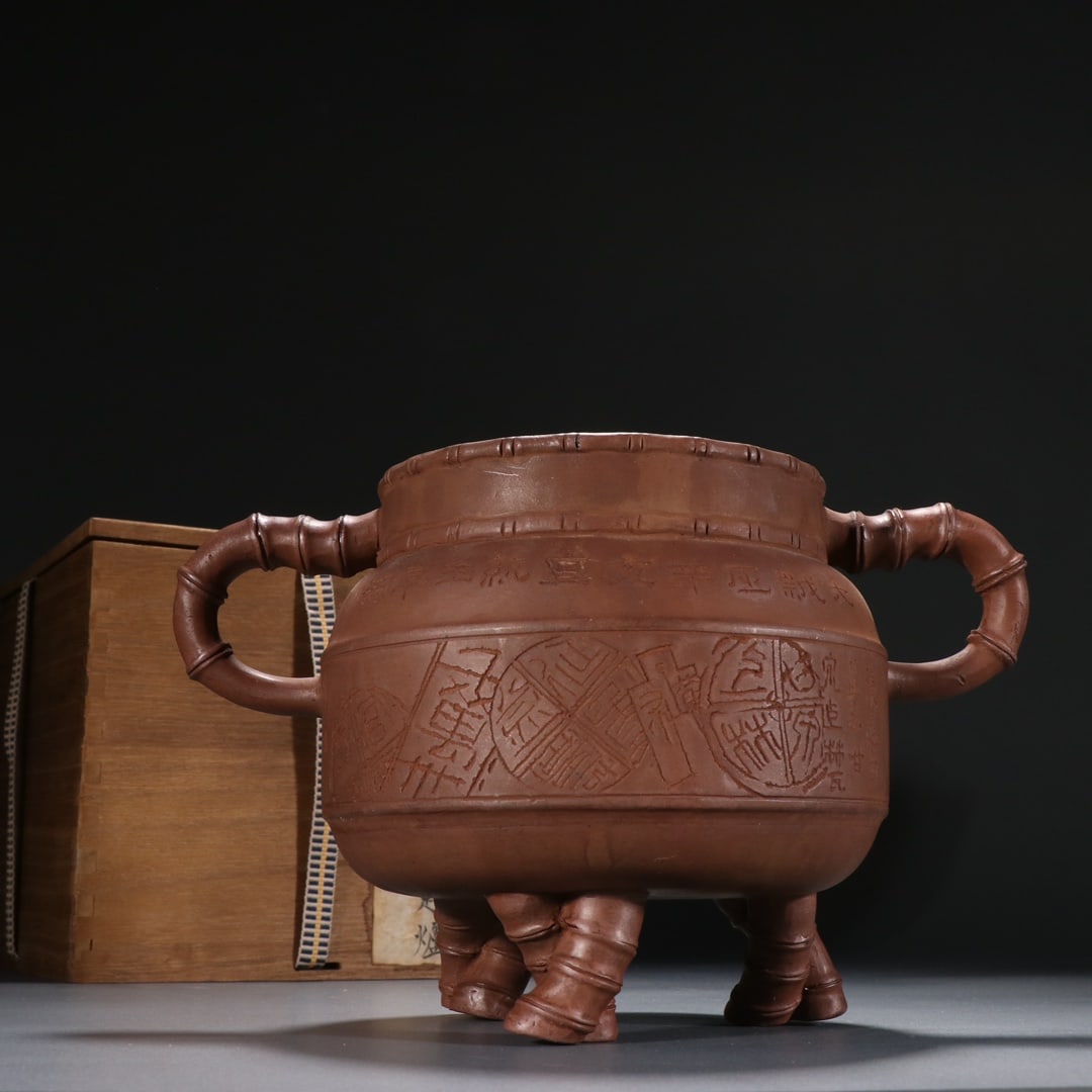 A Fine Chinese Zisha Clay Bamboo-Form Tripod Incense Burner: A Fine Chinese Zisha Clay Bamboo-Form Tripod Incense Burner,Republic Period,China,,Size:6.1inx9.3in,紫砂竹节三足香炉,中国民国