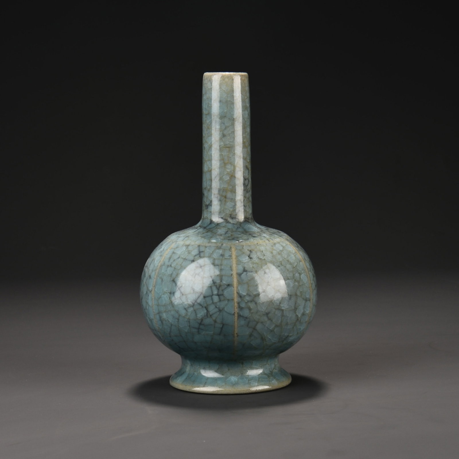 An Exquisite Ru Kiln Sky-Celadon Melon-Ribbed Long Neck Vase: An Exquisite Ru Kiln Sky-Celadon Melon-Ribbed Long Neck Vase,Song Dynasty China,With Mark,Dimensions:9.1inx5.1in,汝窑天青釉瓜棱长颈瓶,ߑ