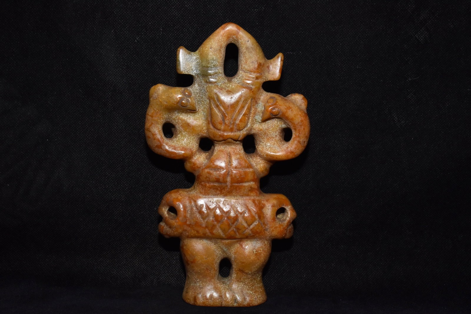 A Fine White Jade Hollow?Carved Composite Deity Ornament: A Fine White Jade Hollow‑Carved Composite Deity Ornament,Hongshan Culture,Dimensions:7.5inx 3.9in,Weight:750g,白玉镂空复合神人摆件,