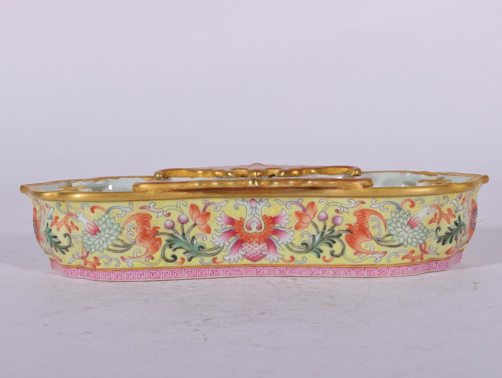 A Fine Enamel Color Yellow Ground Interlocking Lotus Gilt Bat Water Washer: A Fine Enamel Color Yellow Ground Interlocking Lotus Gilt Bat Water Washer,Qing Dynasty,China,Qianlong Six-character