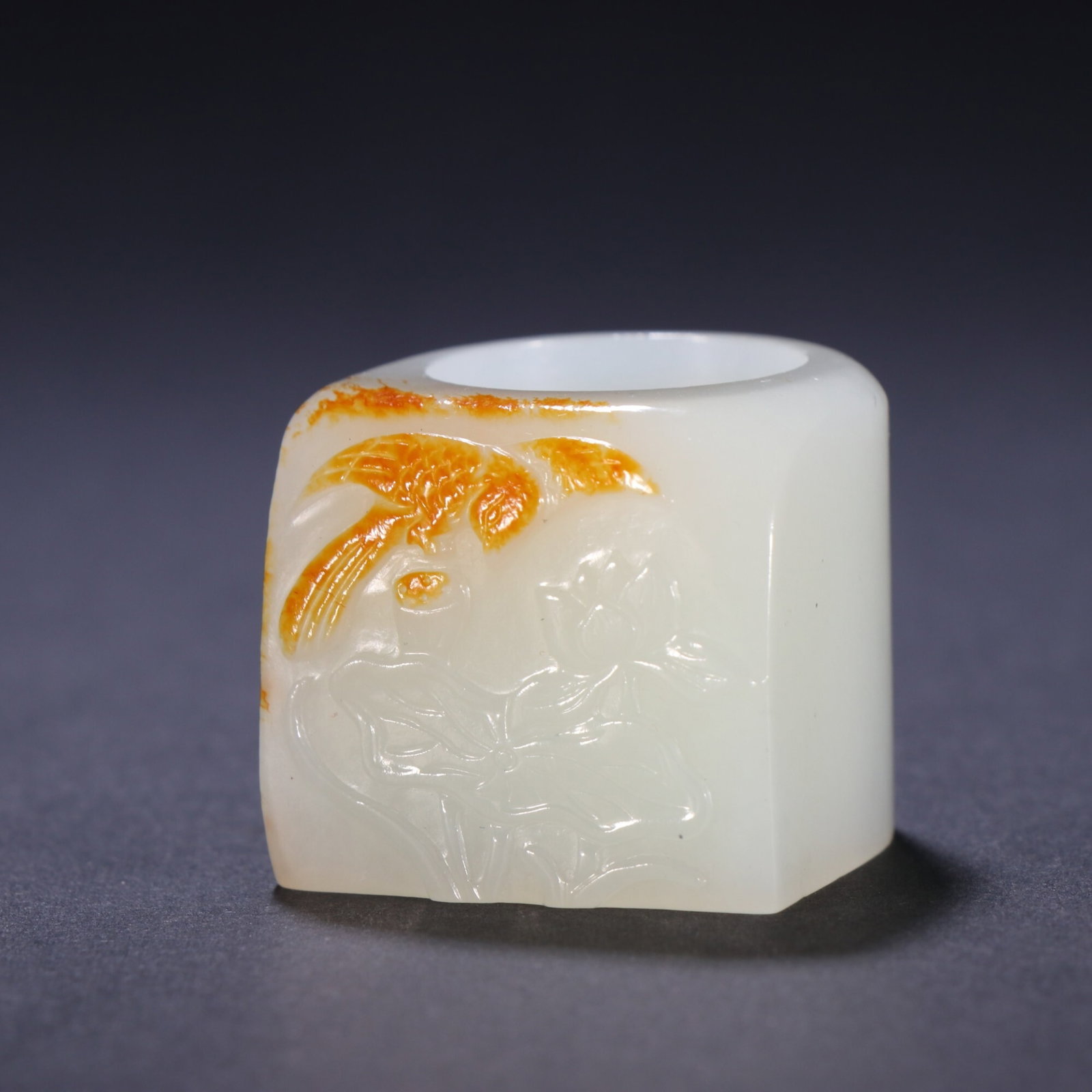 An Exquisite Skin-Retained White Jade Thumb Ring With Lotus Pond Pattern: An Exquisite Skin-Retained White Jade Thumb Ring With Lotus Pond Pattern,China Qing